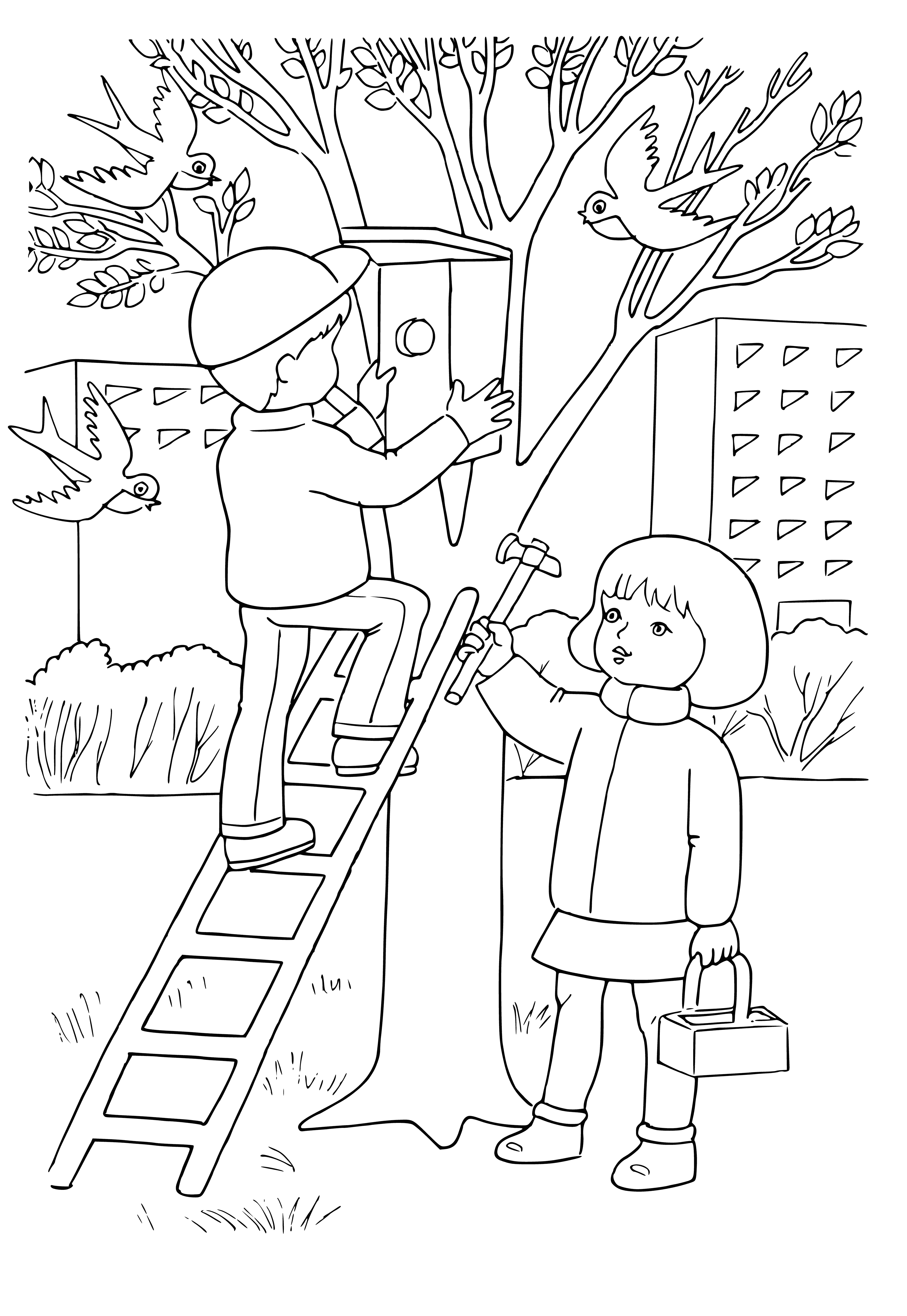 coloring page: A birdhouse with a blue roof & white body is surrounded by flowers. A blue bird with yellow wings perched on top & two yellow birds flying in the sky.