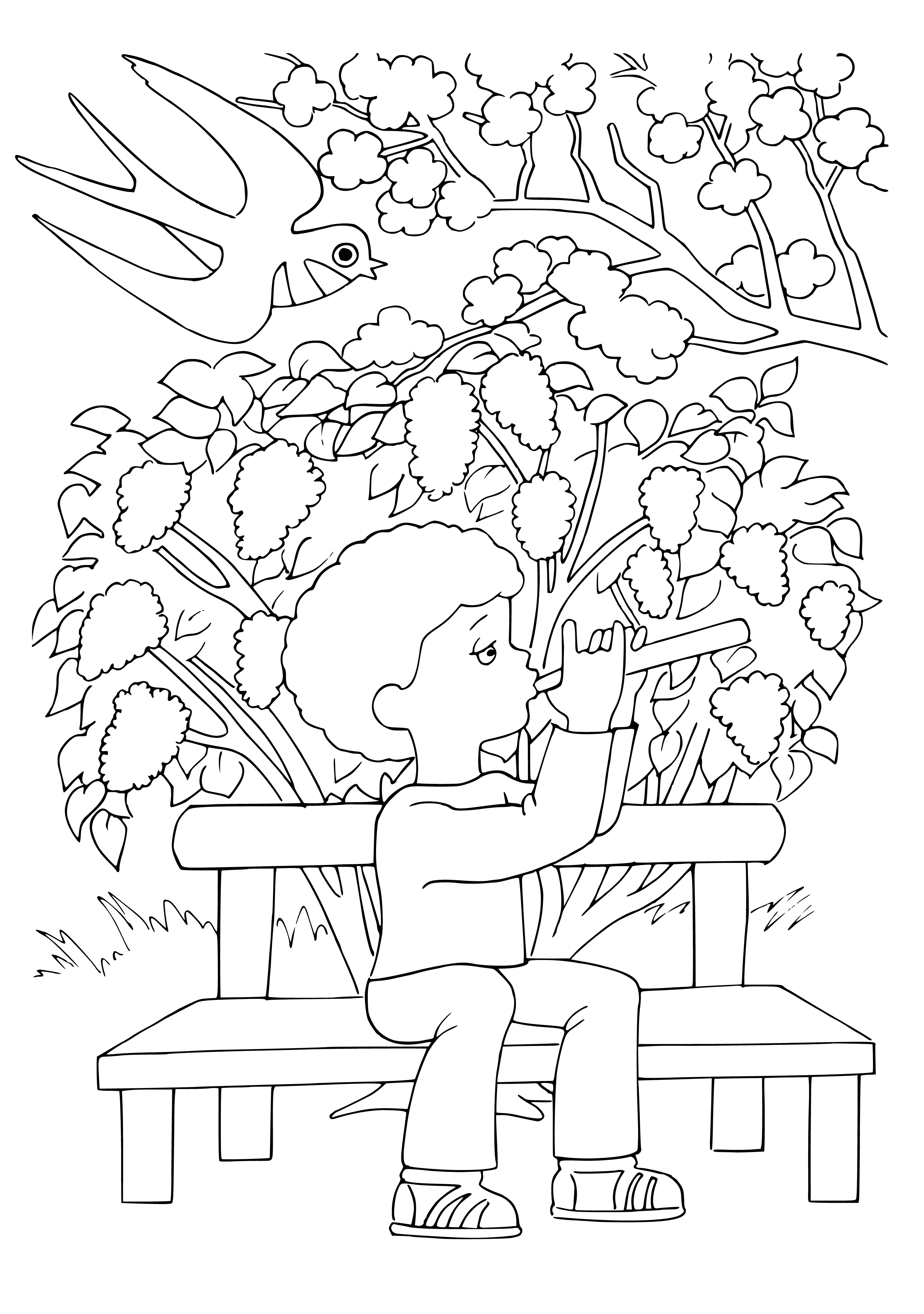 coloring page: Lilac bush in bloom with deep purple blooms, green leaves and light blue background.