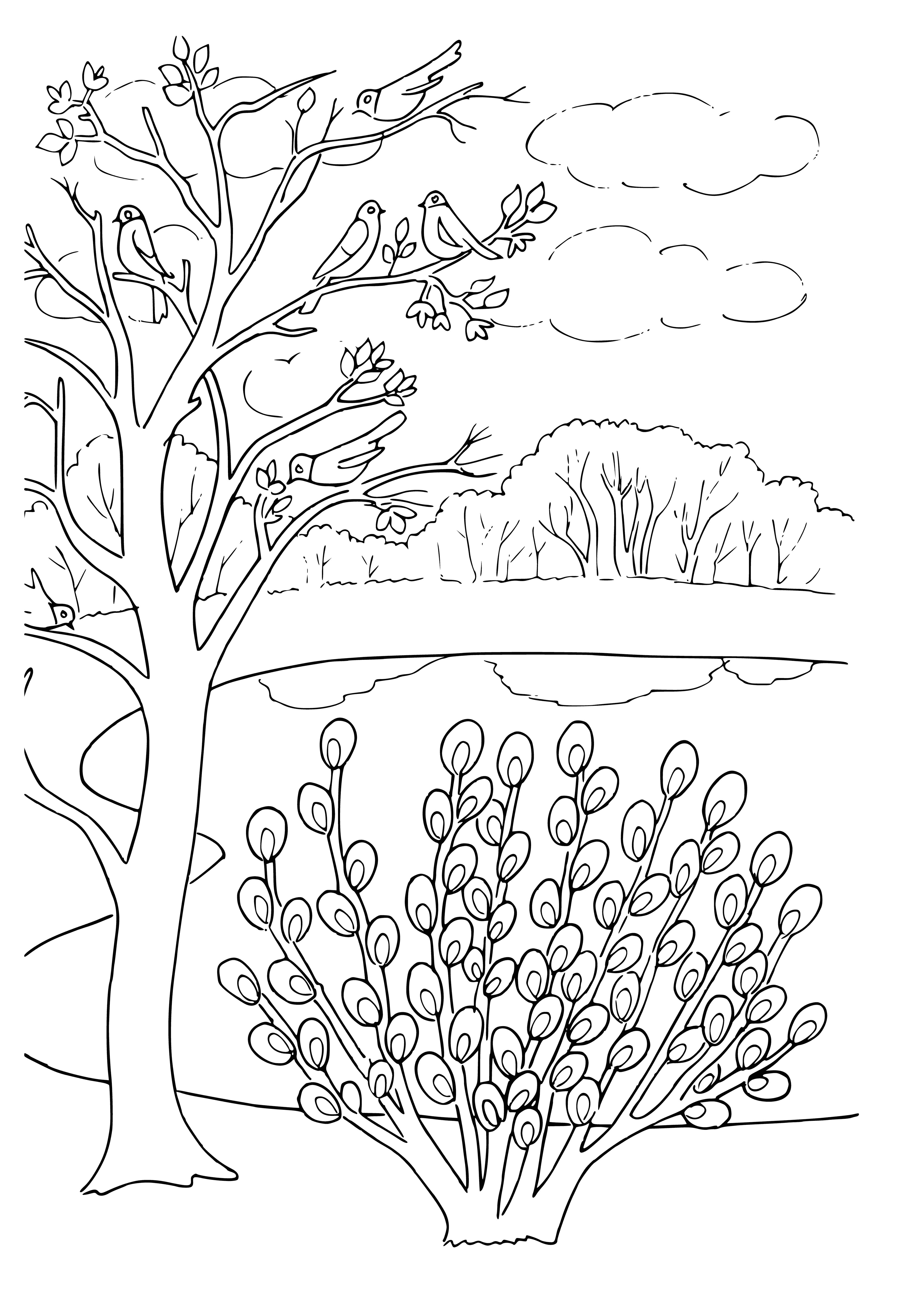 coloring page: Girl in white dress holds willow tree branch, blue scarf blowing in wind.