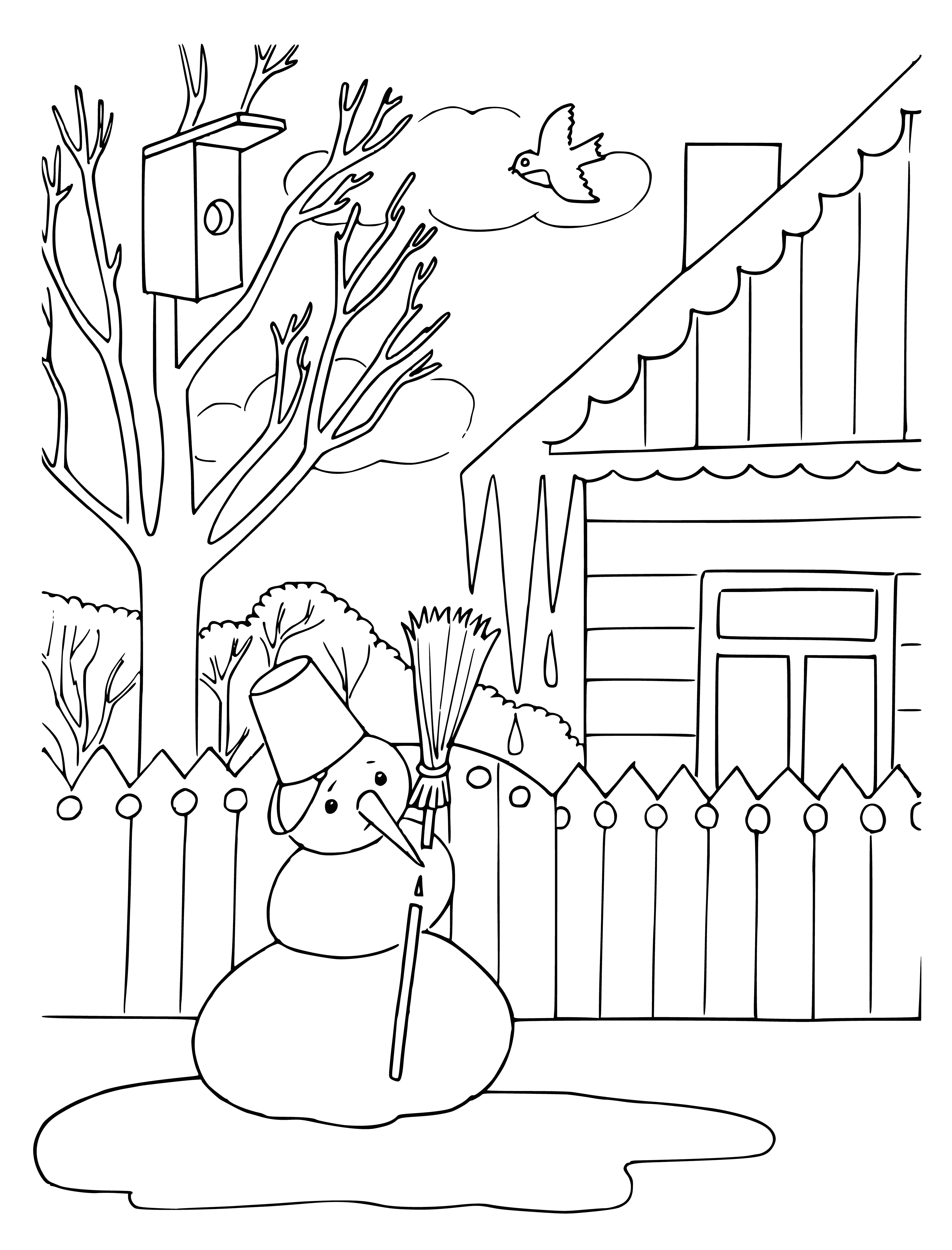 coloring page: A melting snowman is surrounded by water with his hat on the ground.