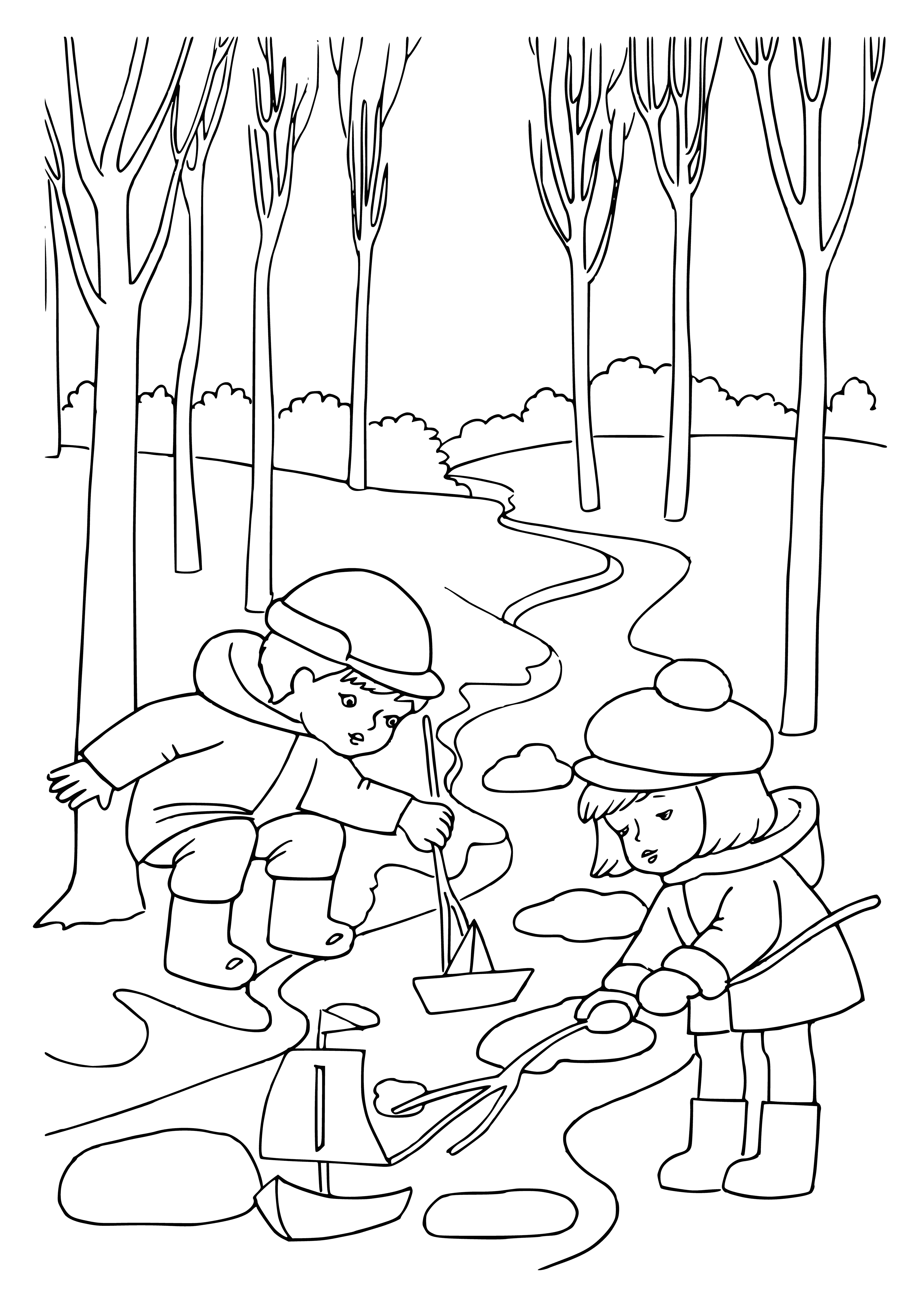 coloring page: Brooks' coloring page features a stone bridge crossing a river with trees, flowers, & a path into the distance.