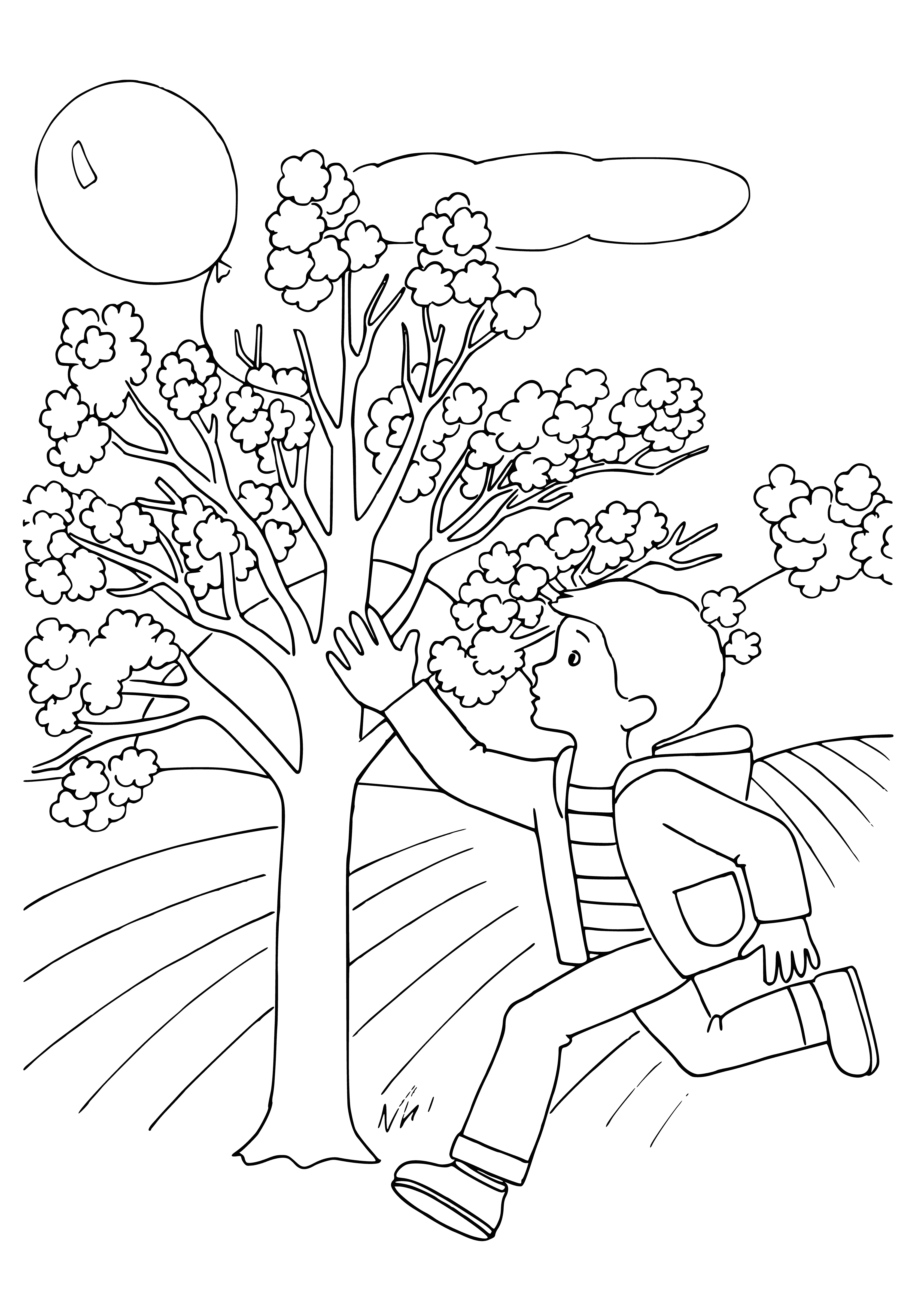 coloring page: Boy playing ball on green lawn with trees & flowers. Wearing blue shirt & holding a red ball.