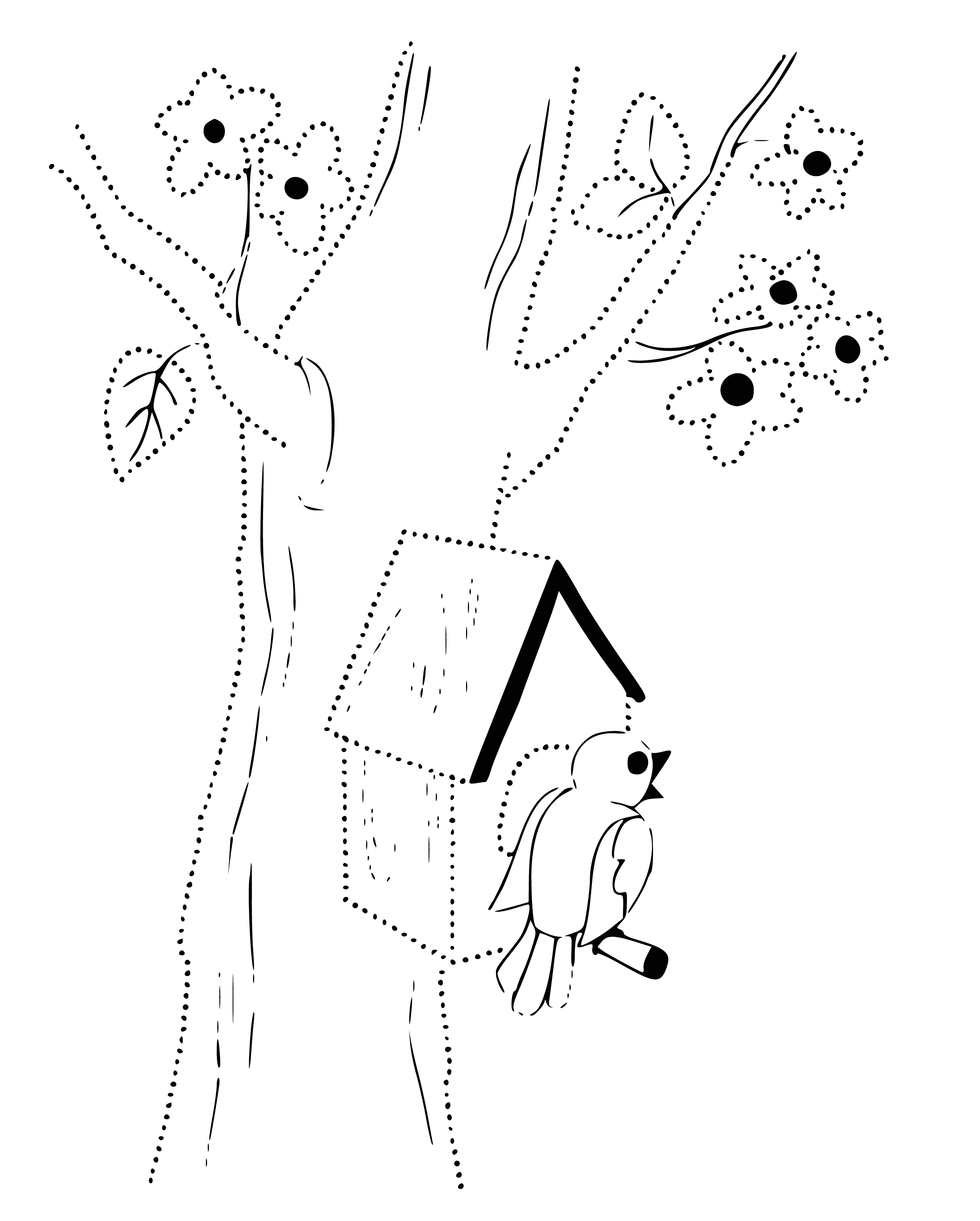 coloring page: A birdhouse on a green tree with pink & purple flowers, a blue bird w/ yellow beak on it.