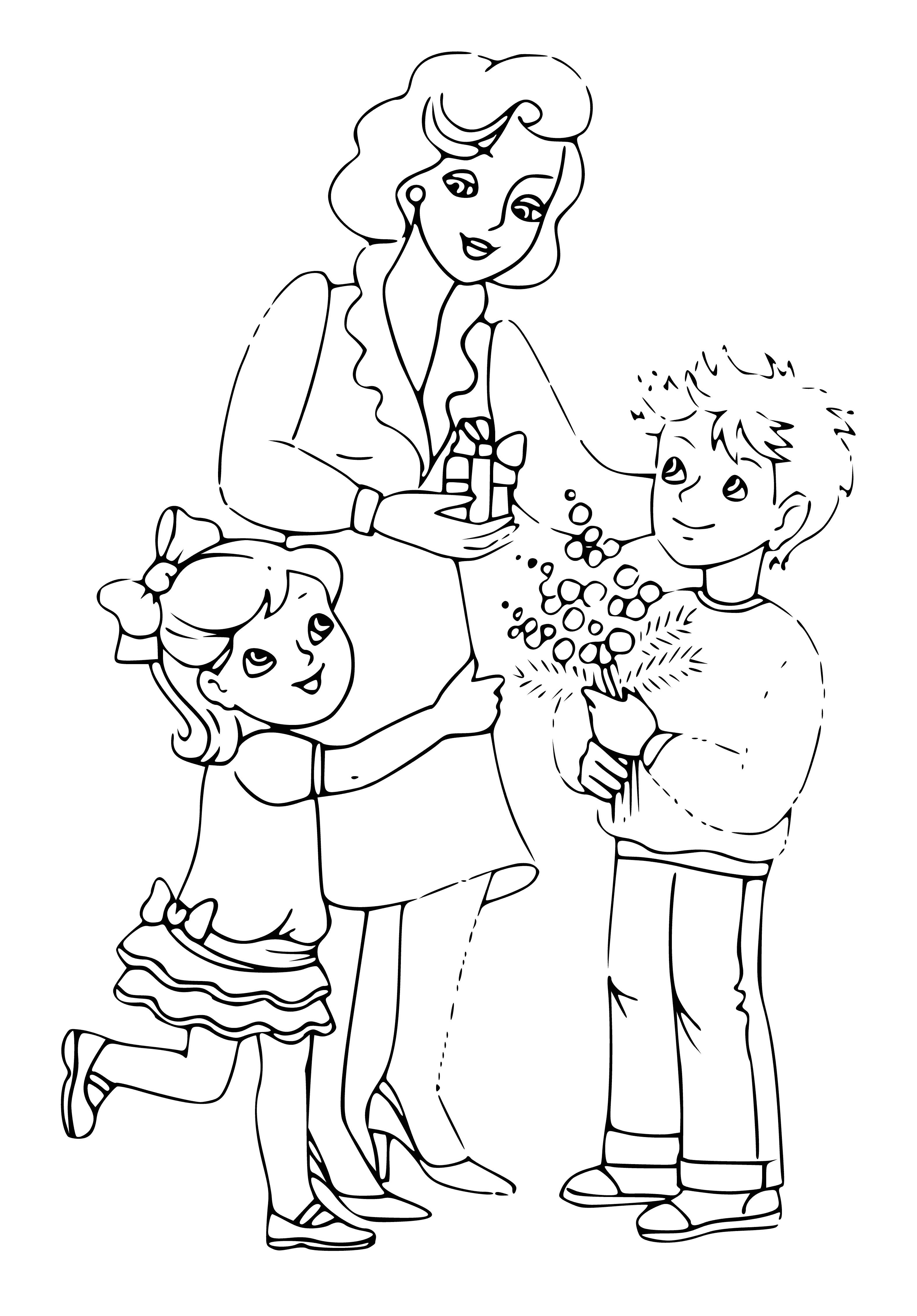 coloring page: Three coloring pages with a Spring theme: a girl in a field of flowers, a boy and a girl playing with a kite, and a boy and a girl riding a bike.