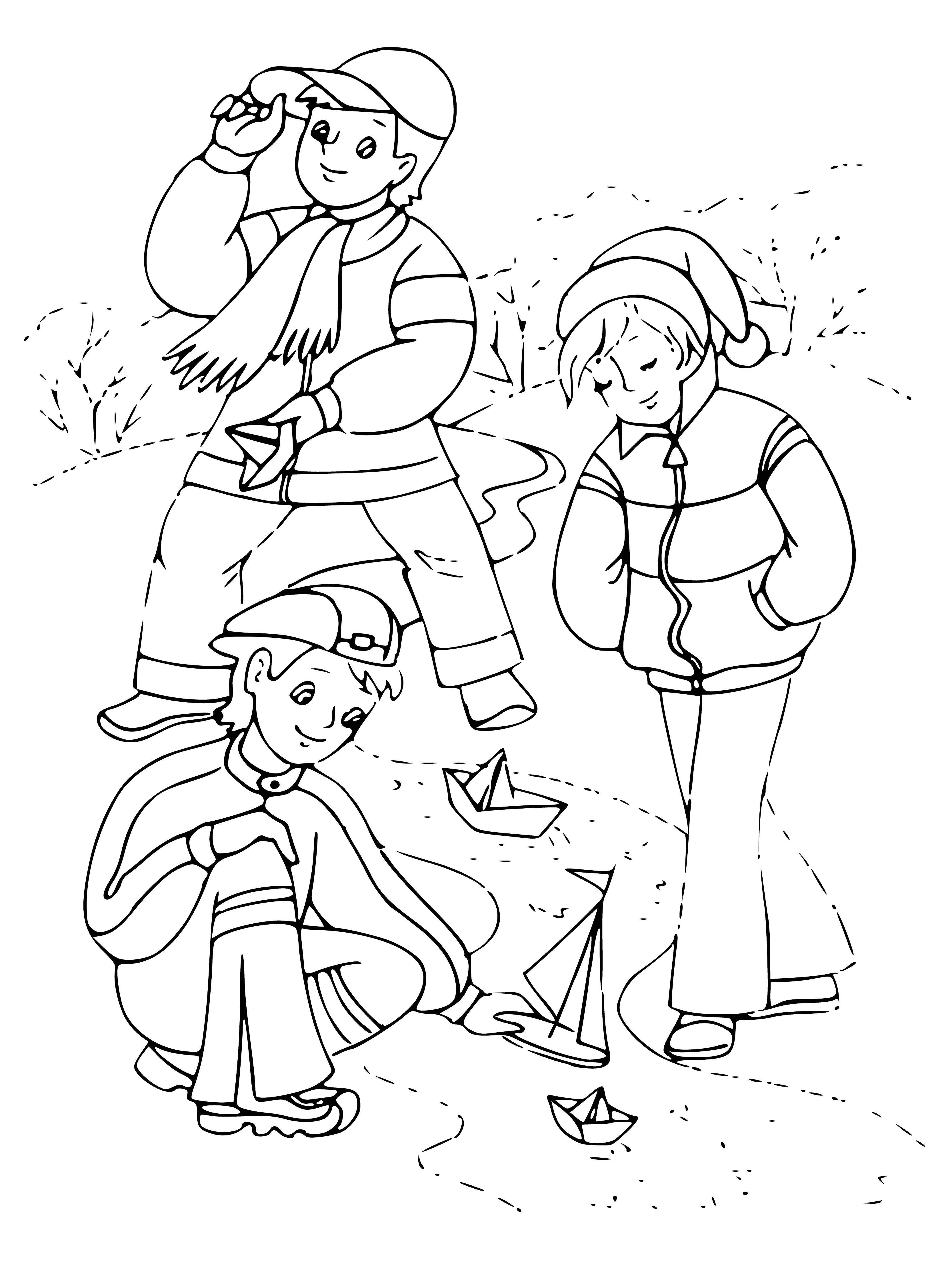 coloring page: Boys launching boats in a brook, having fun as boats float downstream.