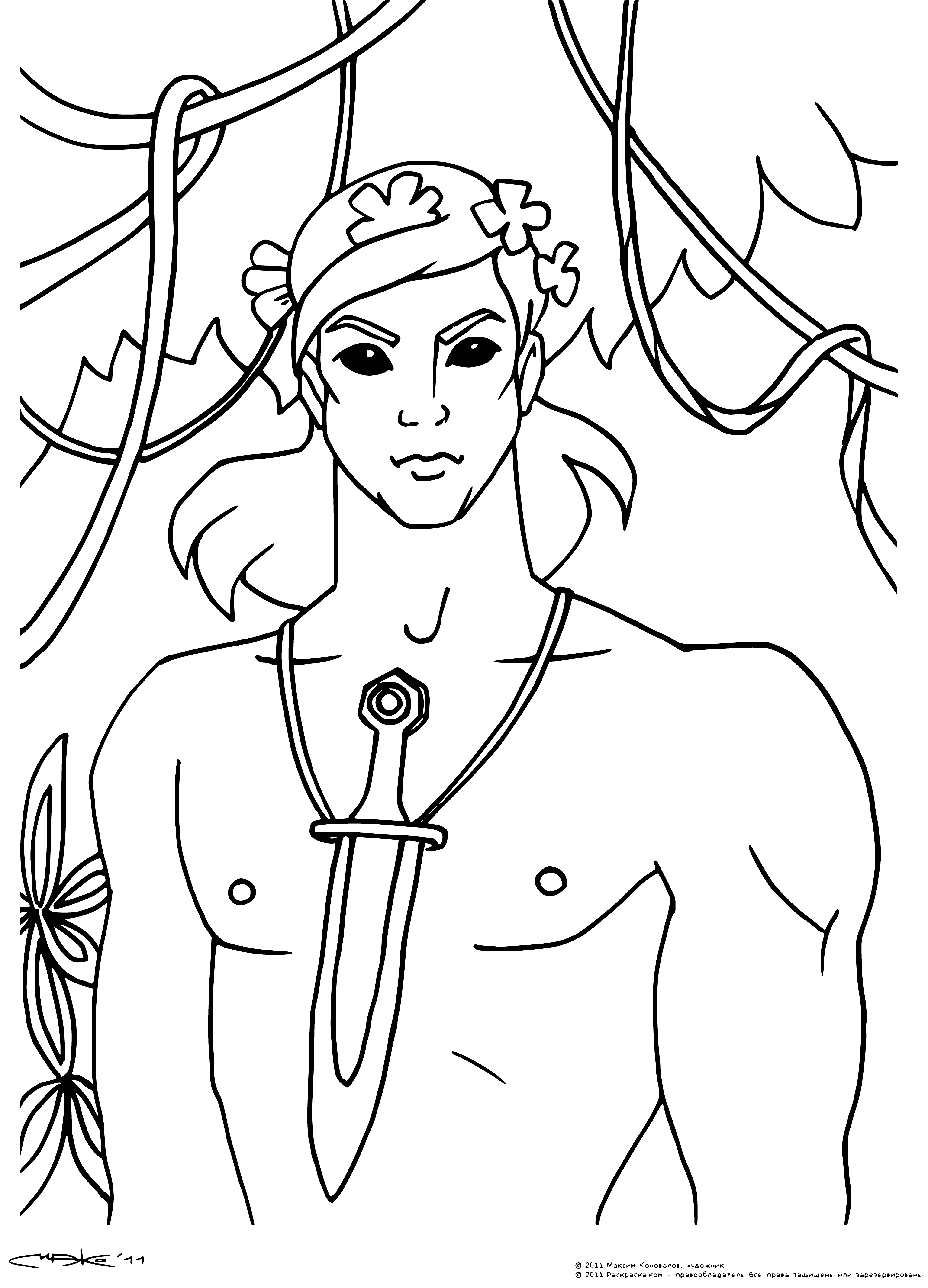 coloring page: Mowgli wearing a loincloth, necklace, holding a staff and knife with a fierce expression.