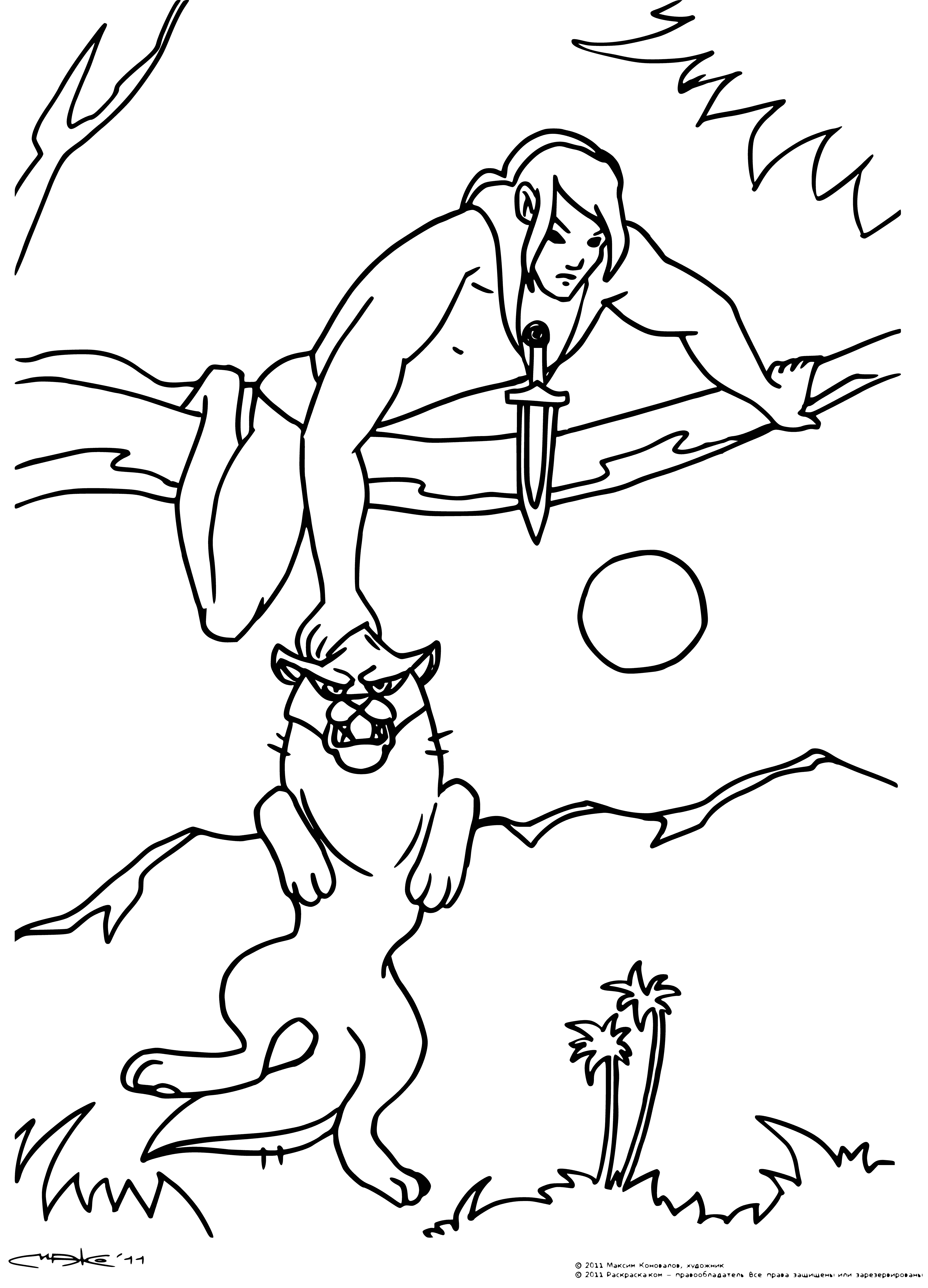coloring page: Two happy dogs, one brown and one tan, standing in a grassy field, wagging their tails.