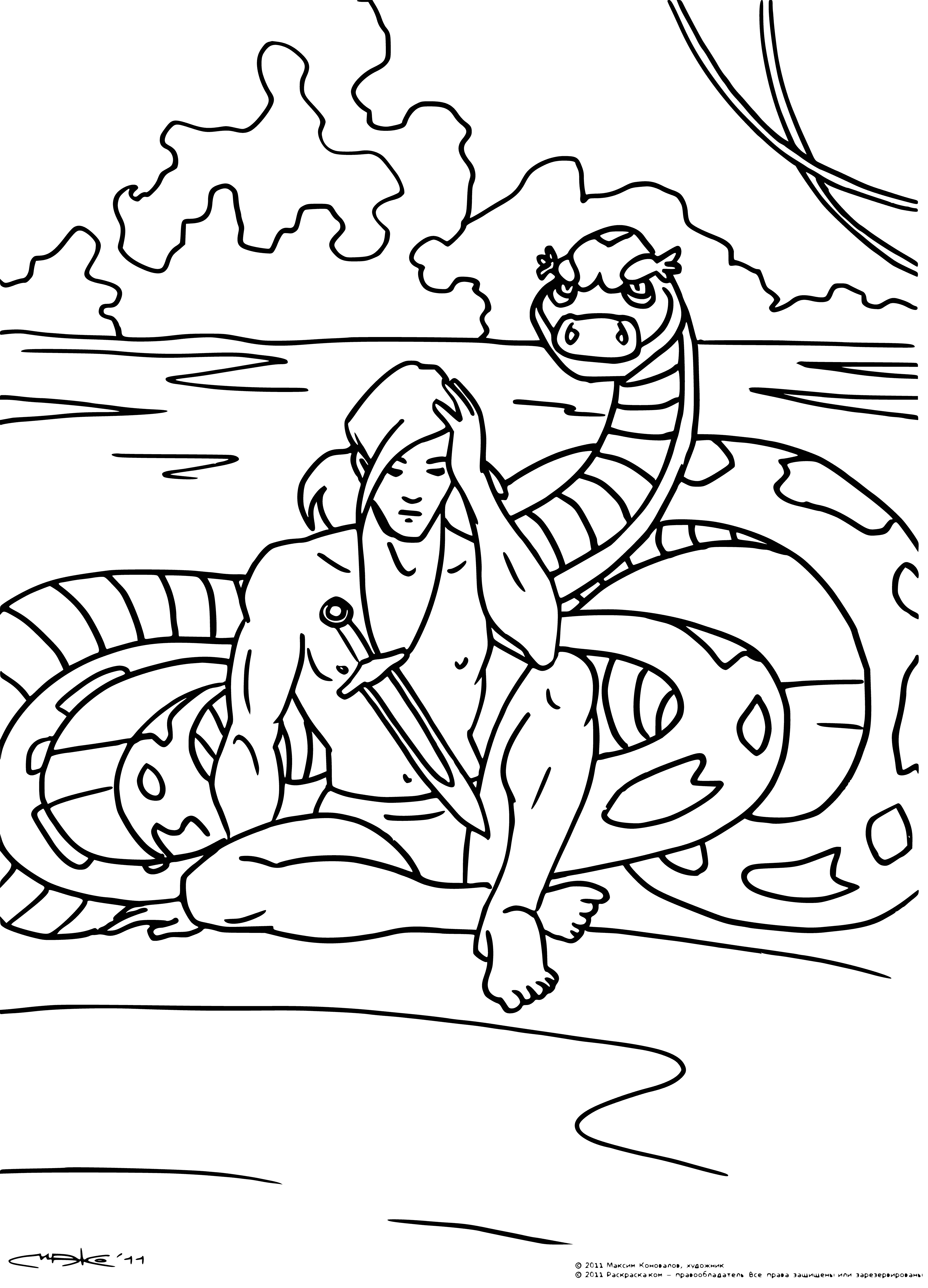 coloring page: Mowgli is listening intently to Kaa as they have a deep conversation, their heads touching in a peaceful moment.