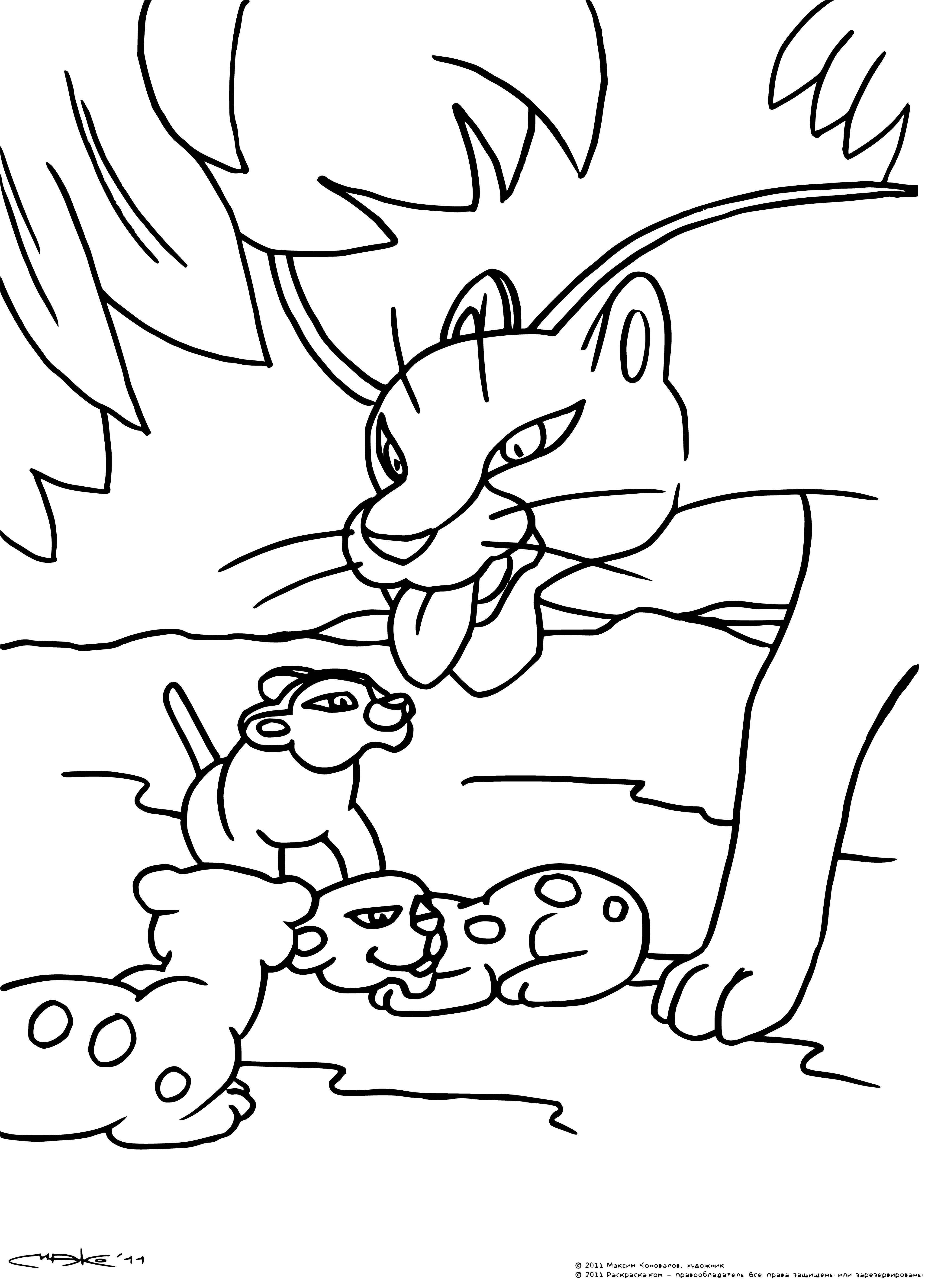 coloring page: Mowgli visits Bagheera's cubs, both looking happy; Mowgli cradles one in his arms.