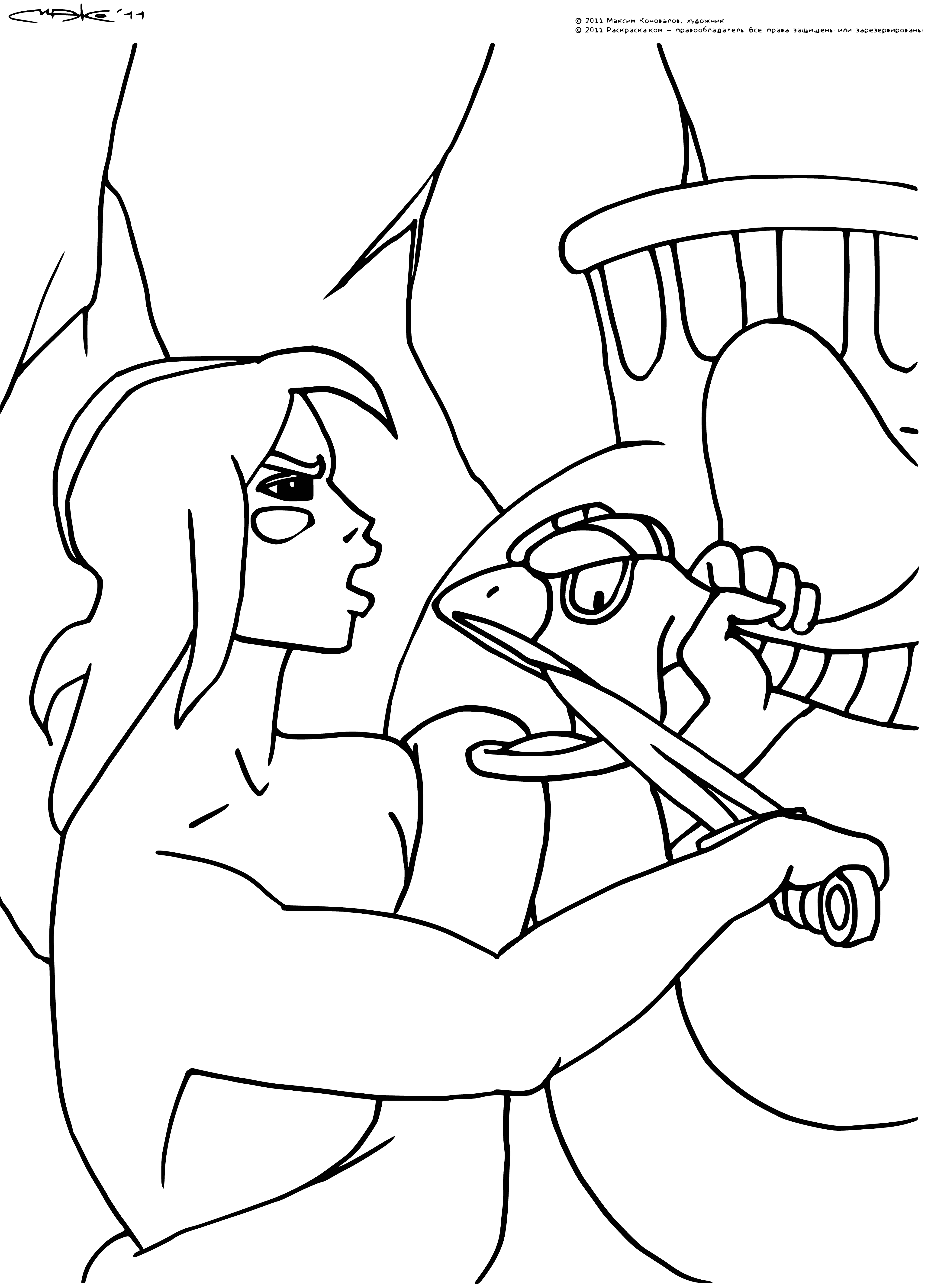 coloring page: Mowgli, a human raised by wolves in the Jungle Book, is featured in the coloring page with his mouth open, revealing lack of poisonous teeth.