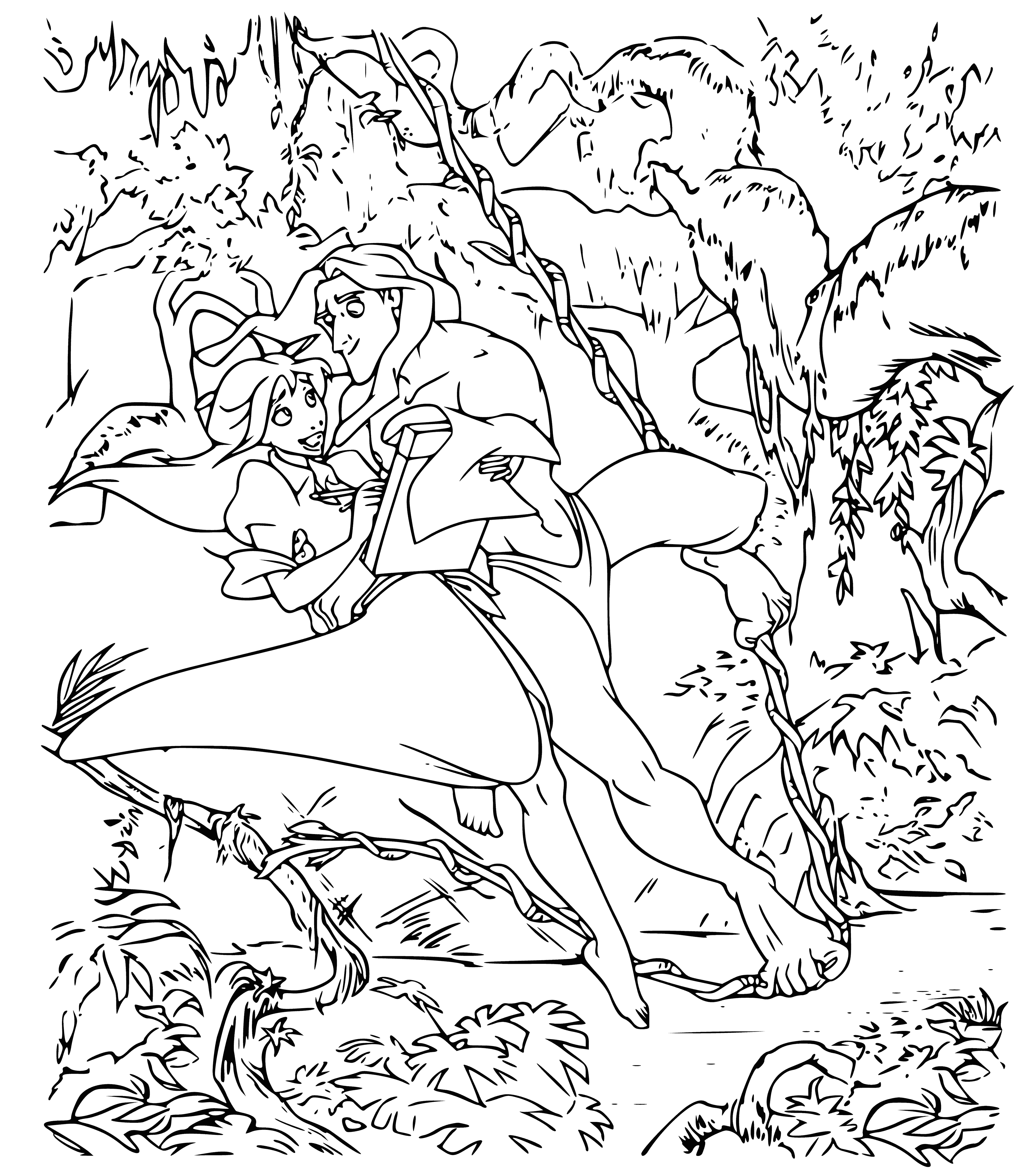 coloring page: A shirtless man with short black hair holds a woman wearing a white dress and with long black hair in his arms as they swing on a vine above a river in a black and white coloring page.