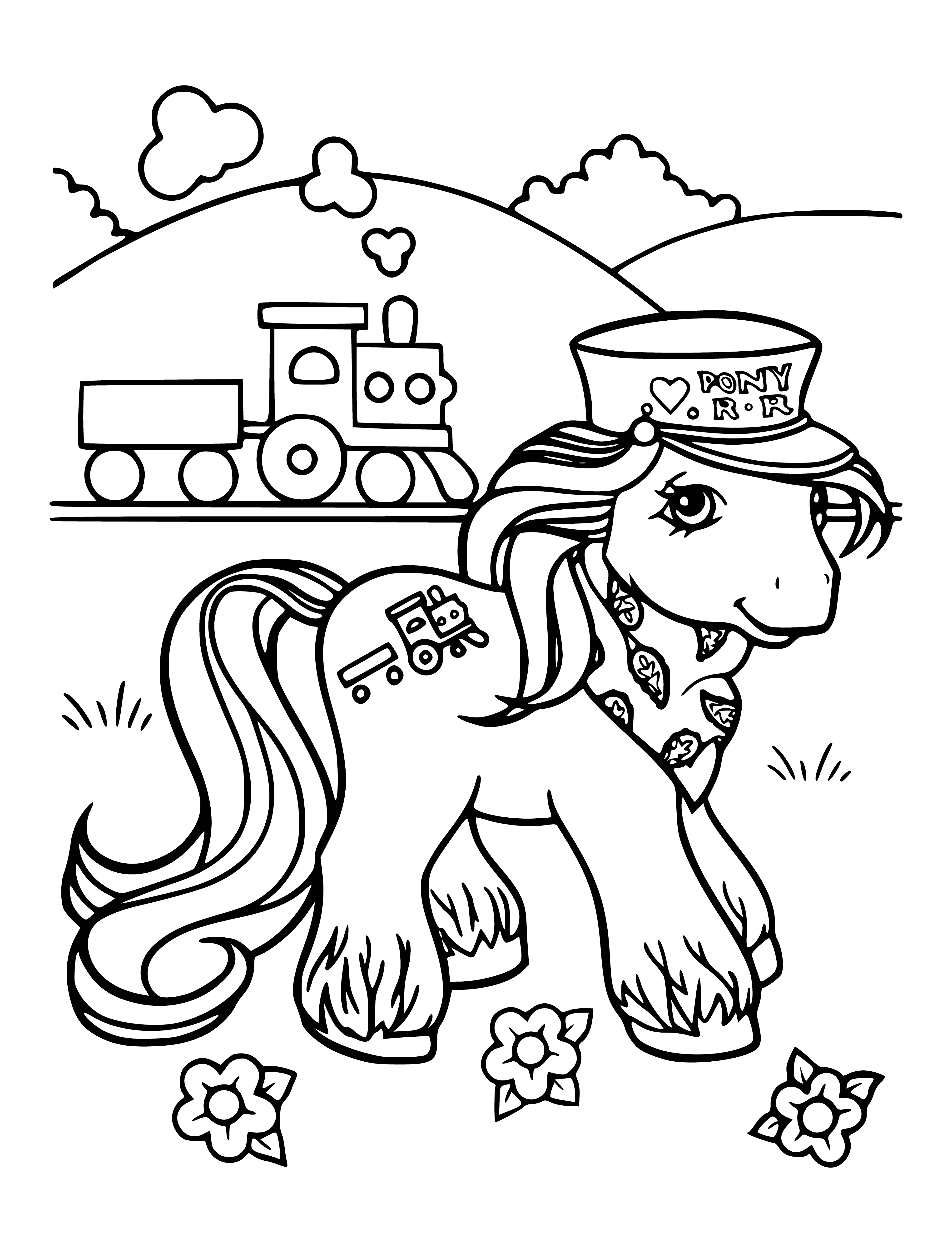 Coloring with a pony, driver and train in the background