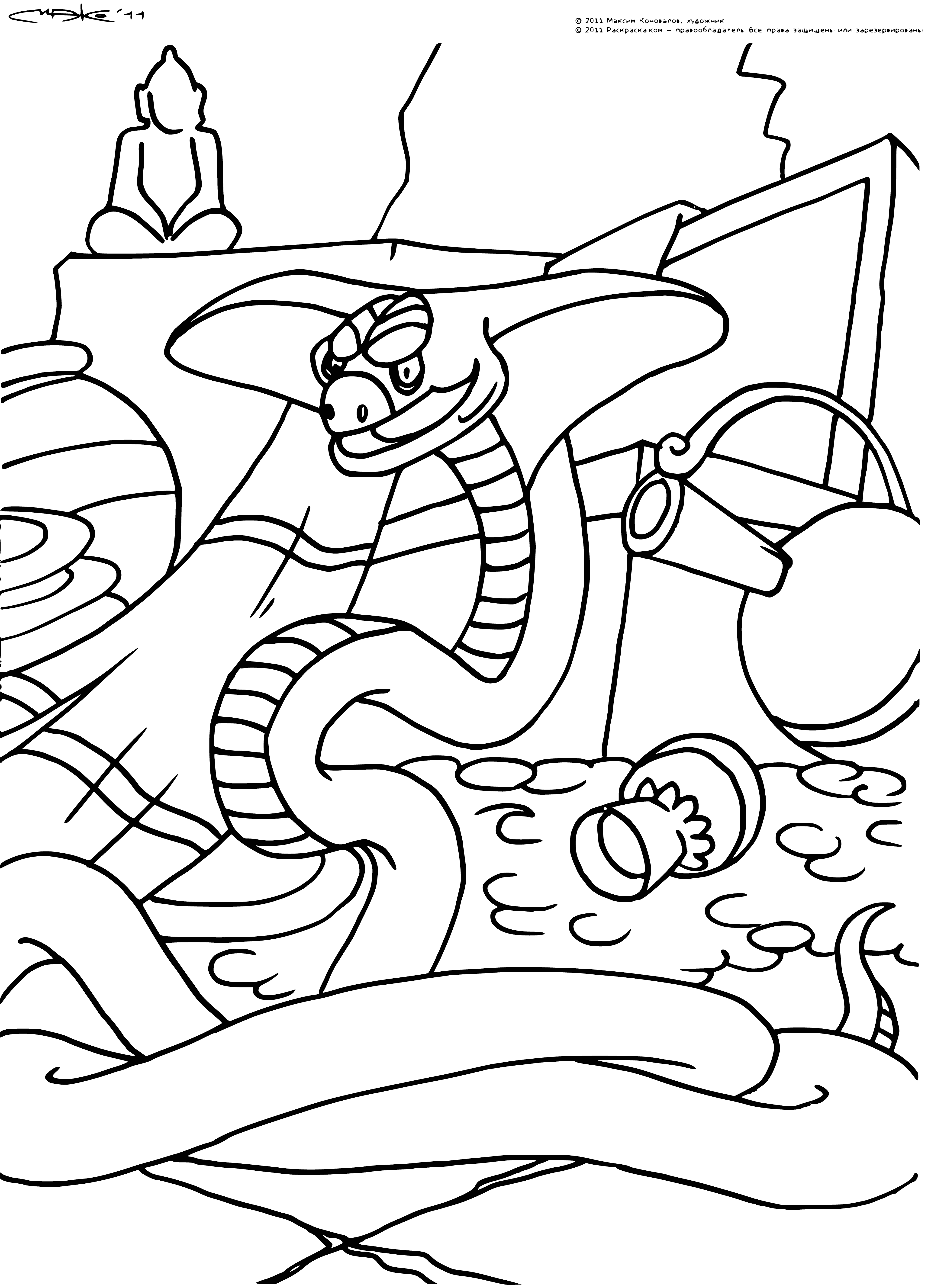 coloring page: Mowgli is small, barefoot & facing a giant white cobra. The cobra hood is flared, & its eyes are fixed on Mowgli. Fear on his face, but he stands his ground. #TheJungleBook