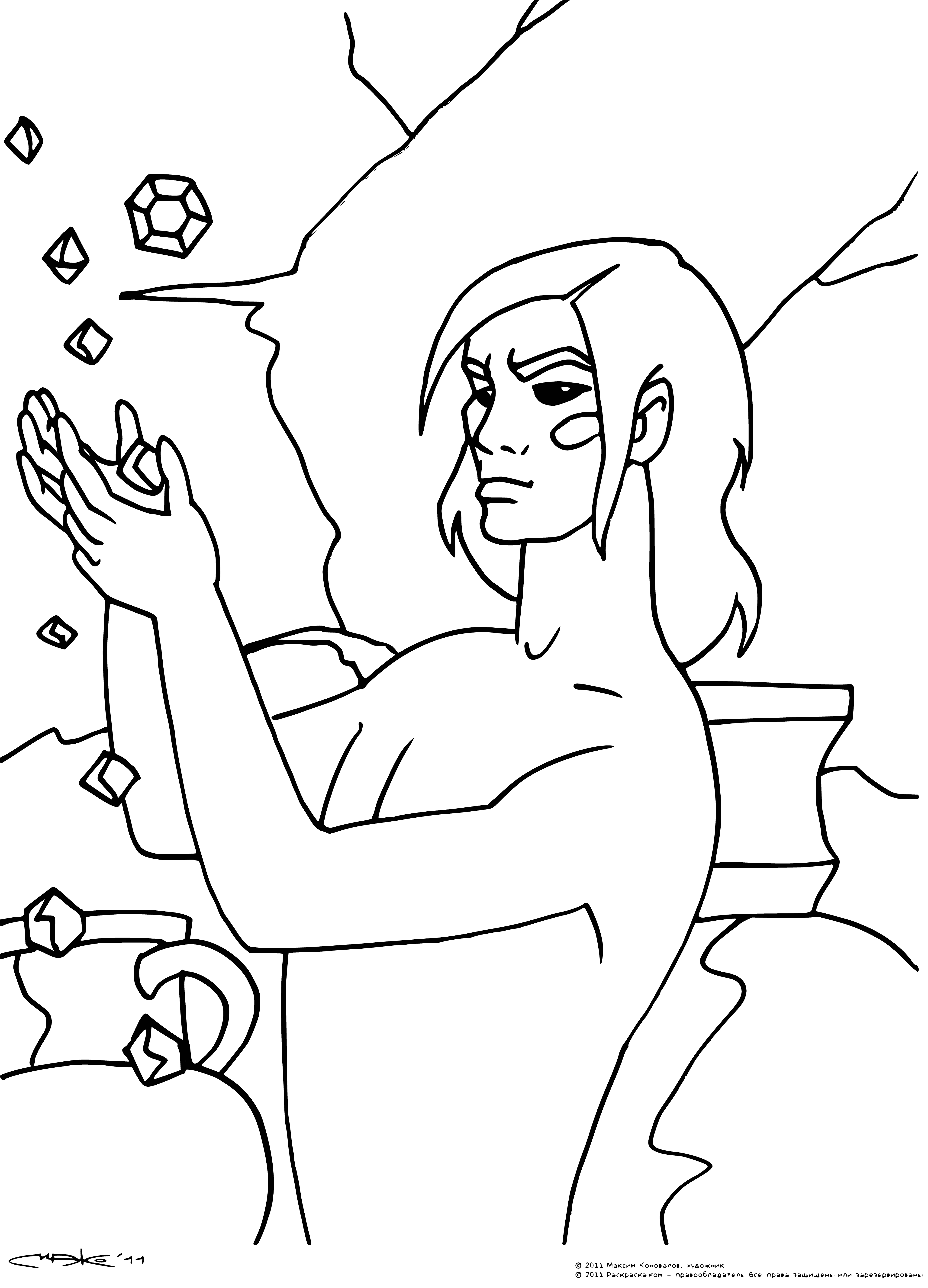 coloring page: Mowgli stands smiling before a chest full of coins and jewels.