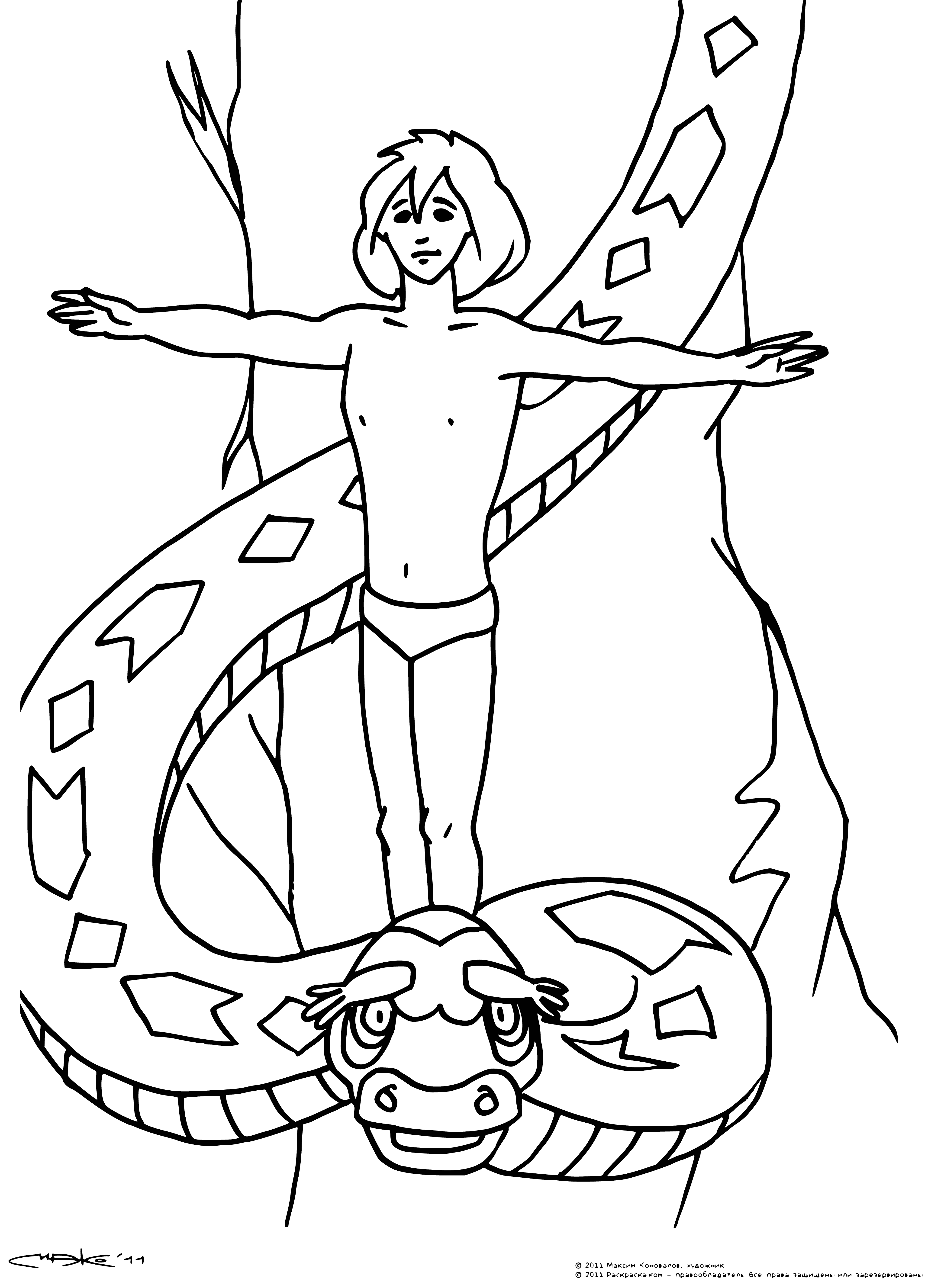 coloring page: Boy vs snake: A young boy stands with spear in hand, facing off a coiled snake near a boiling pot and dense forest.