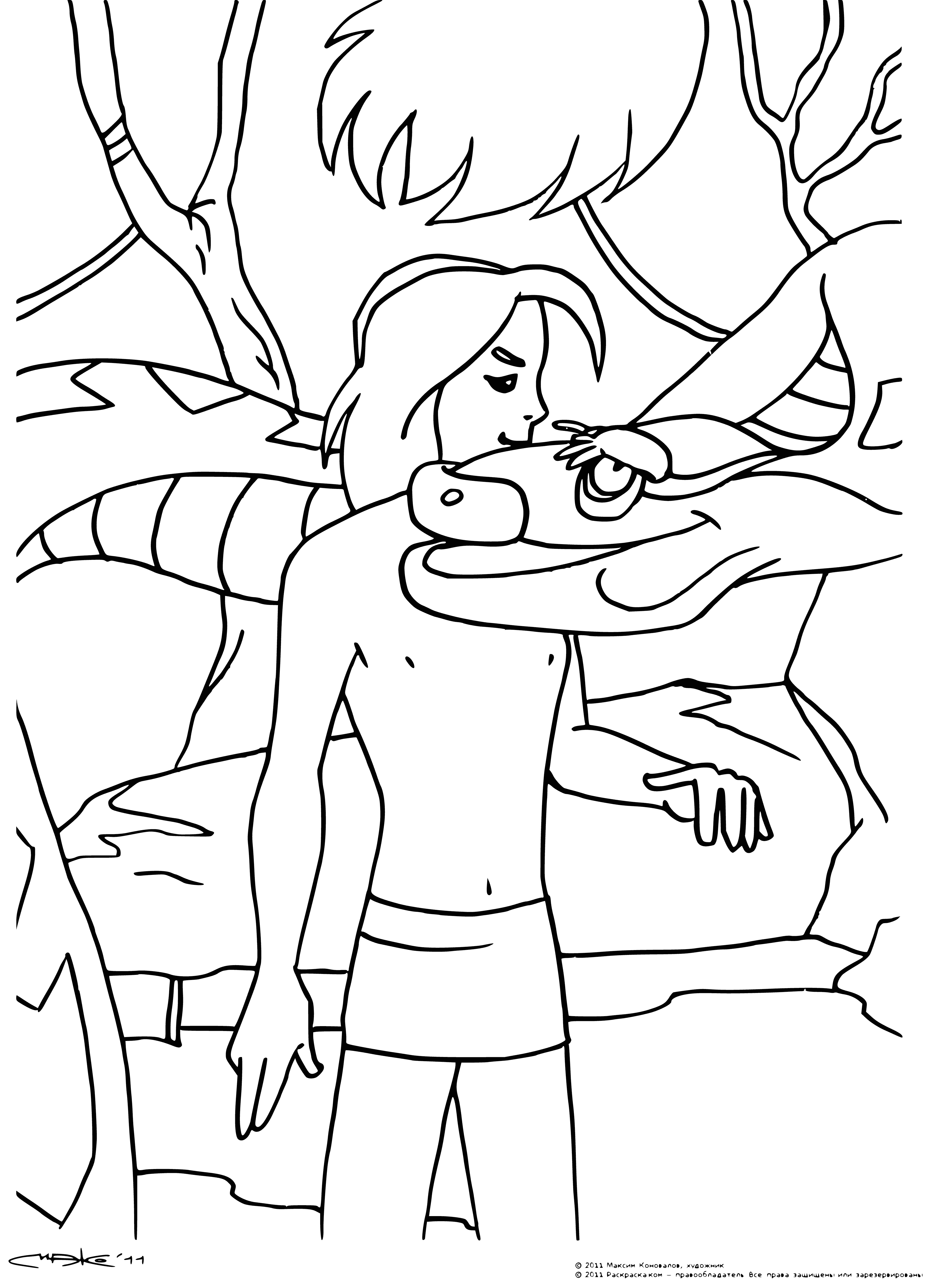 coloring page: Mowgli stands on Kaa's coils, scared as the large snake wraps itself around a tree & bares its open mouth.