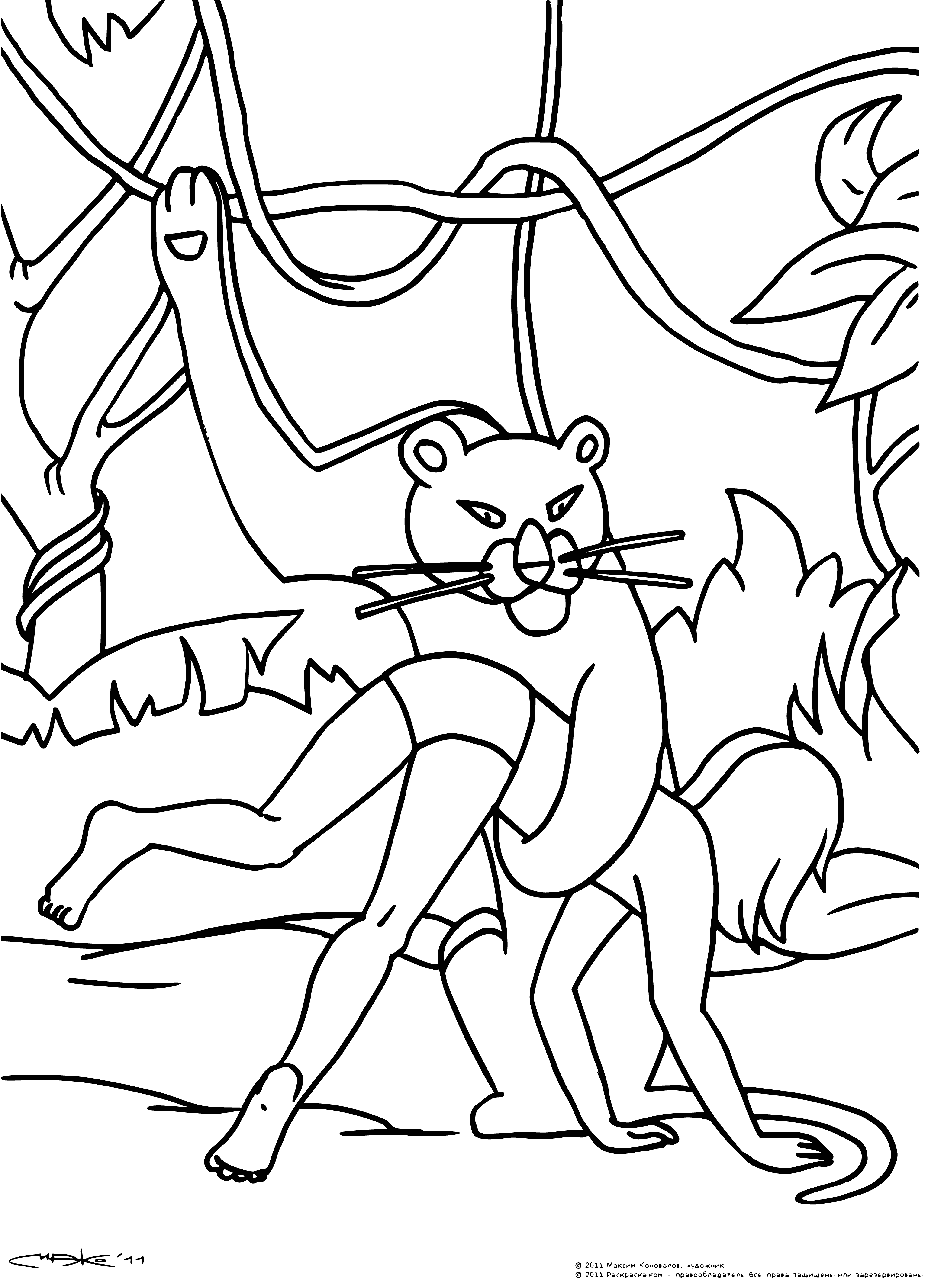 coloring page: Mowgli is a barefoot boy with dark hair, brown eyes, a dirty shirt & pants holding a big iron paw.