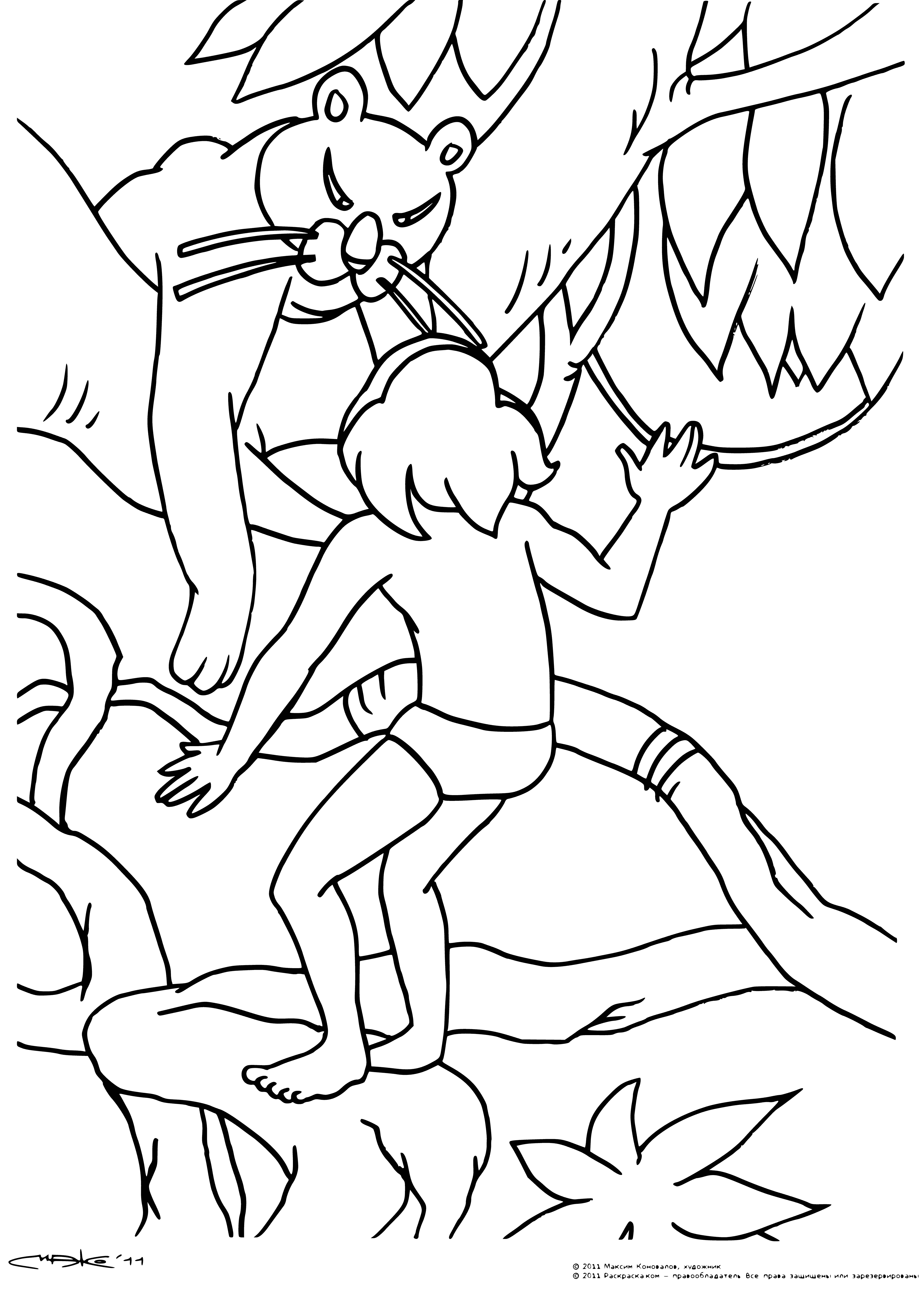 coloring page: Boy climbs a tree using hands and feet. Eyes on branch above, focused on the climb.