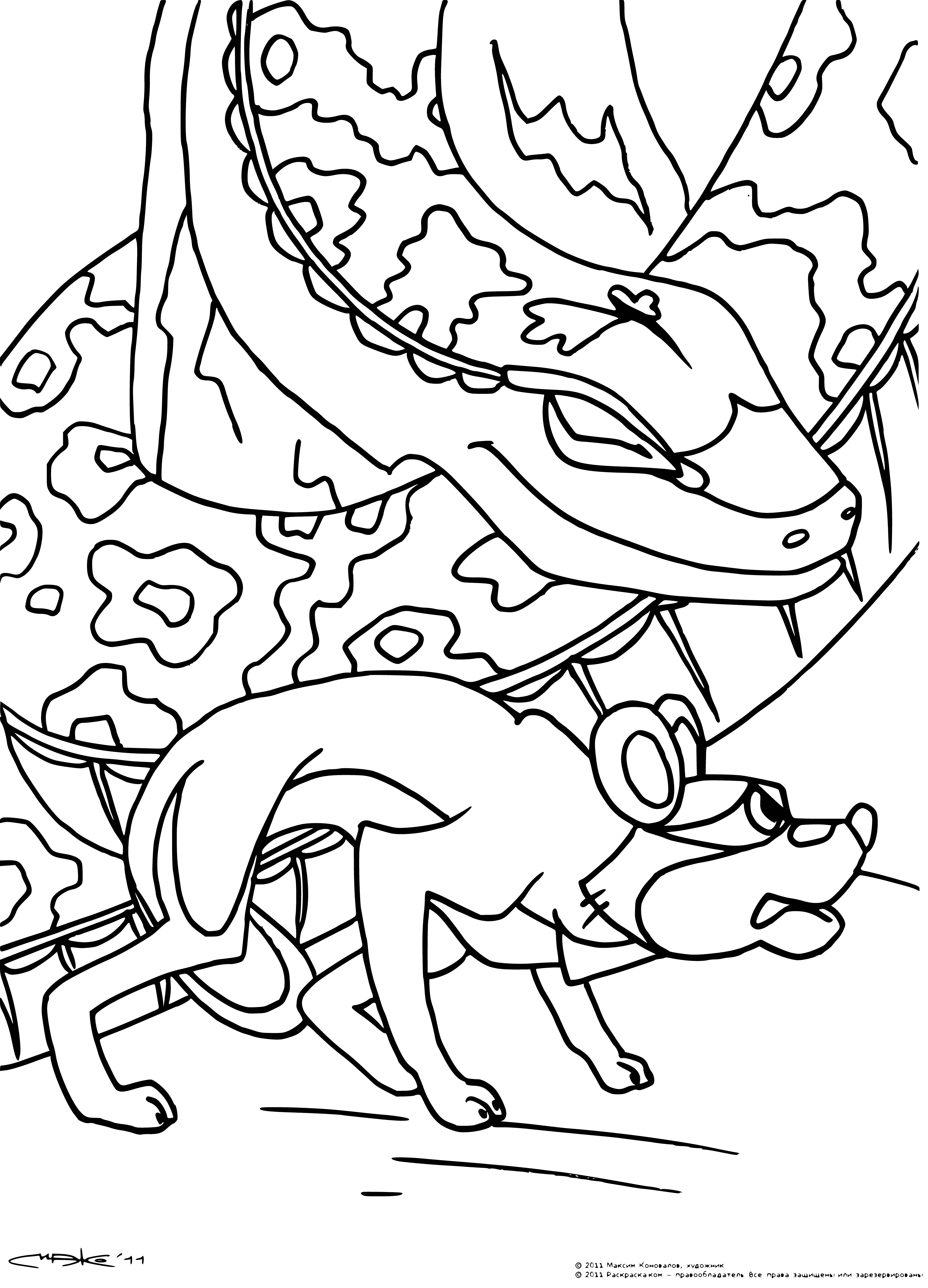 coloring page: Jackal stands on hind legs, smiling, tongue out, looking up at coiled snake, who looks down with apparent wisdom.
