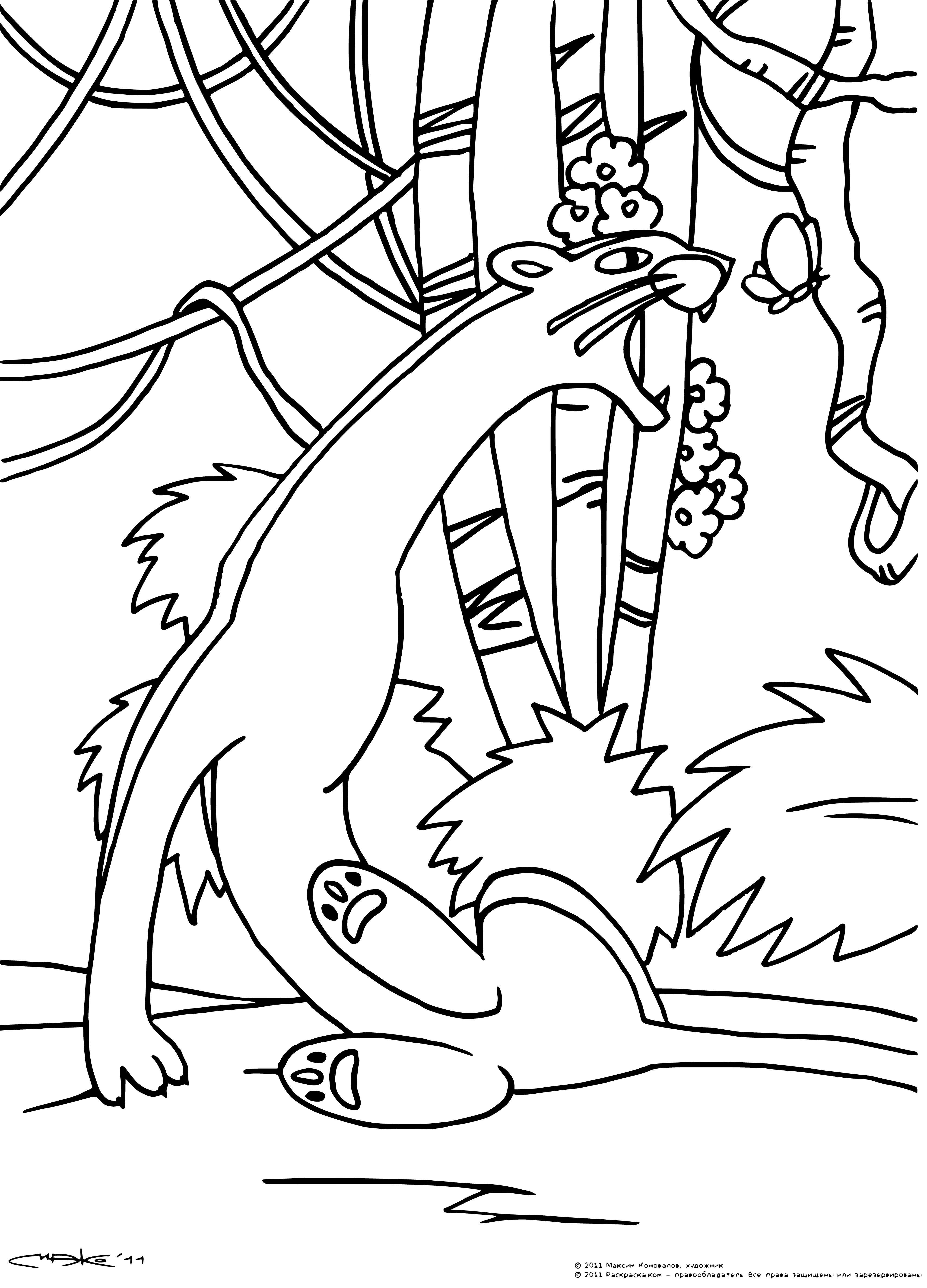 coloring page: A powerful black panther snarls in an aggressive stance, ready to attack, in a jungle of vines & plants.