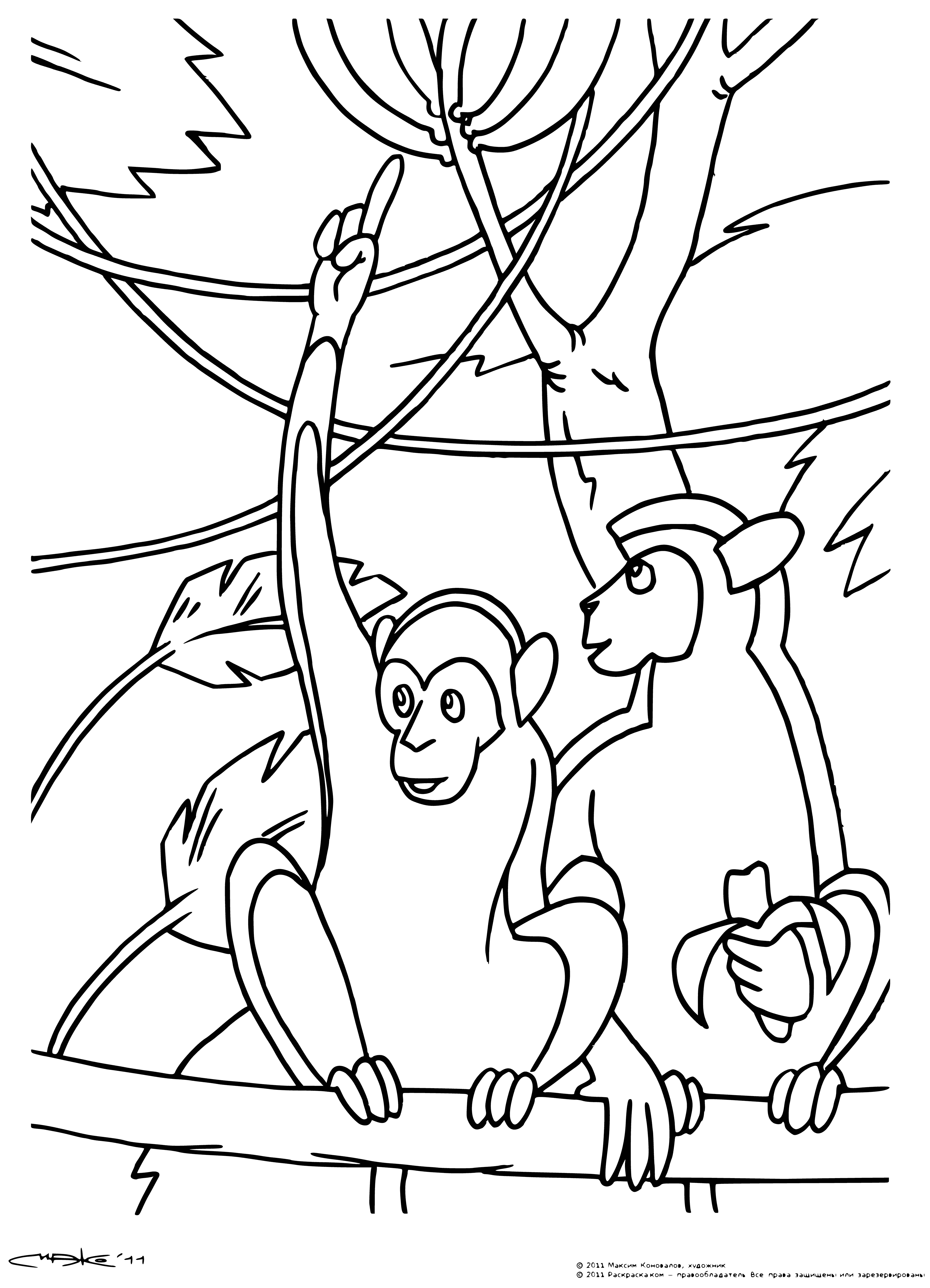 coloring page: 3 Mowgli standing on a stone wall, looking at something in the distance, holding spears and bow/arrow. Wearing loincloths & topknot hair.