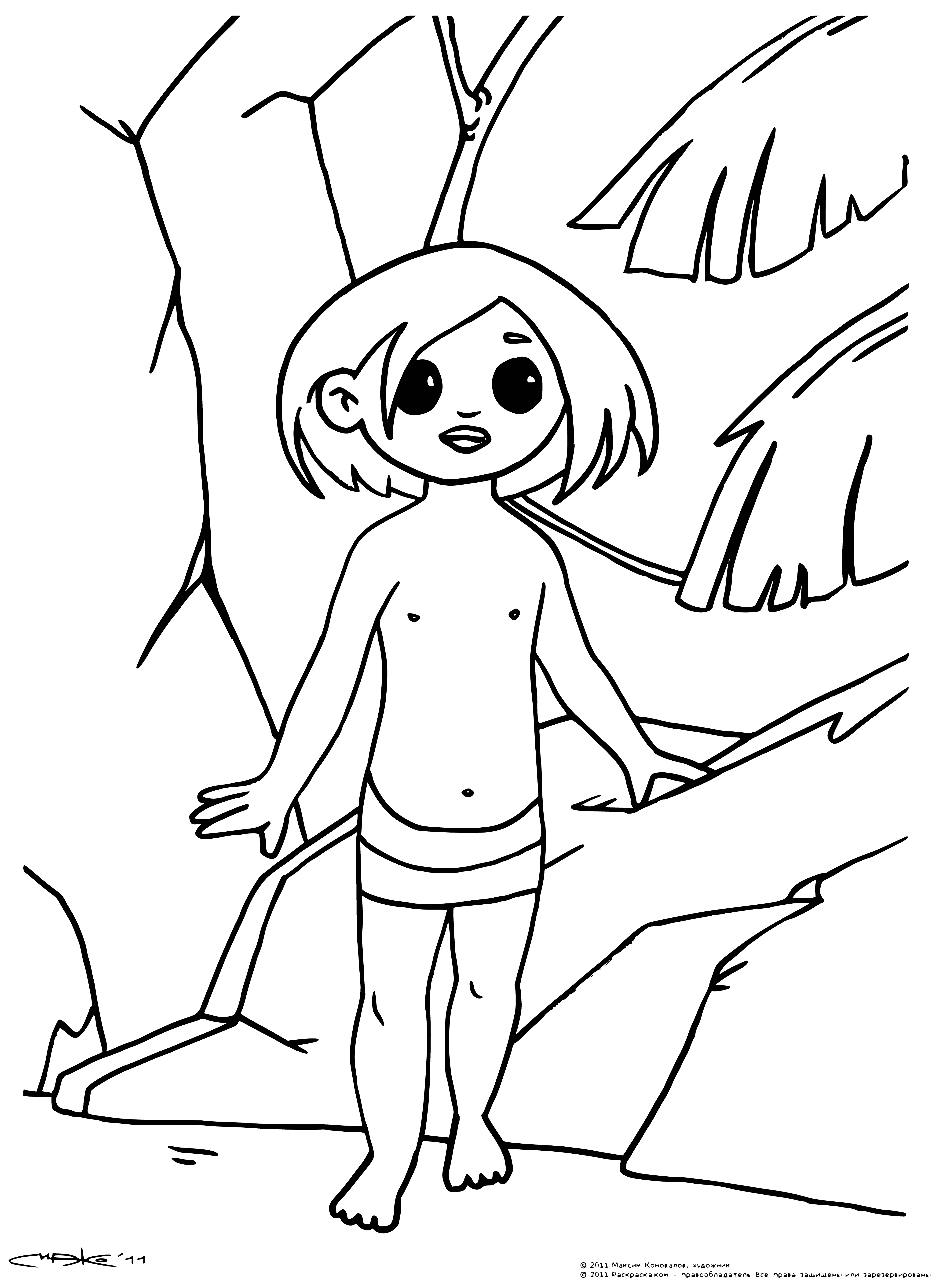 coloring page: Boy stands in jungle clearing wearing loincloth, knife in right hand, fist raised. Determined expression on face.