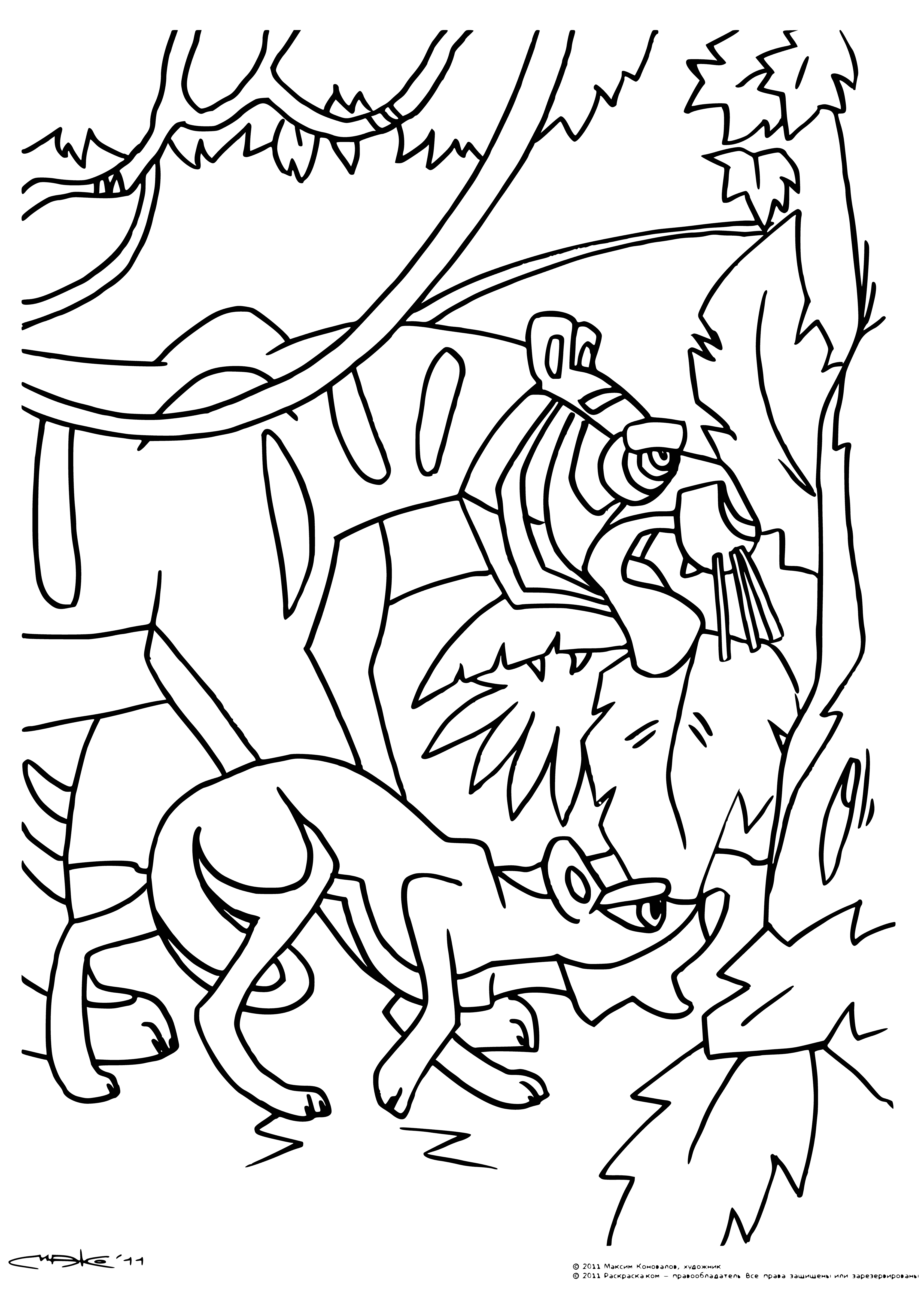 coloring page: Tigers and jackals face off in colorful scene.