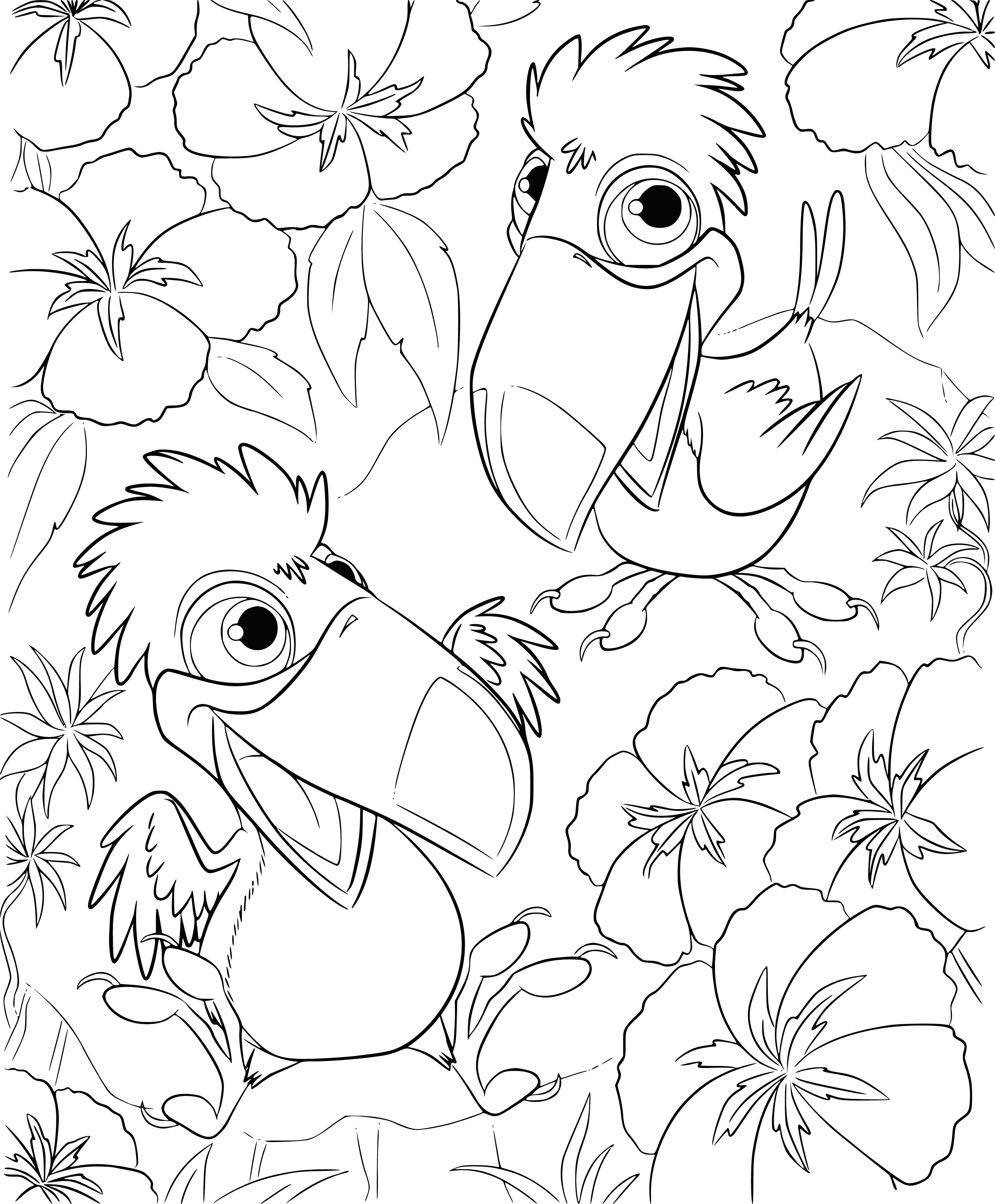 coloring page: Painting of 3 toucans in a tree looking in different directions: blue, yellow & green.