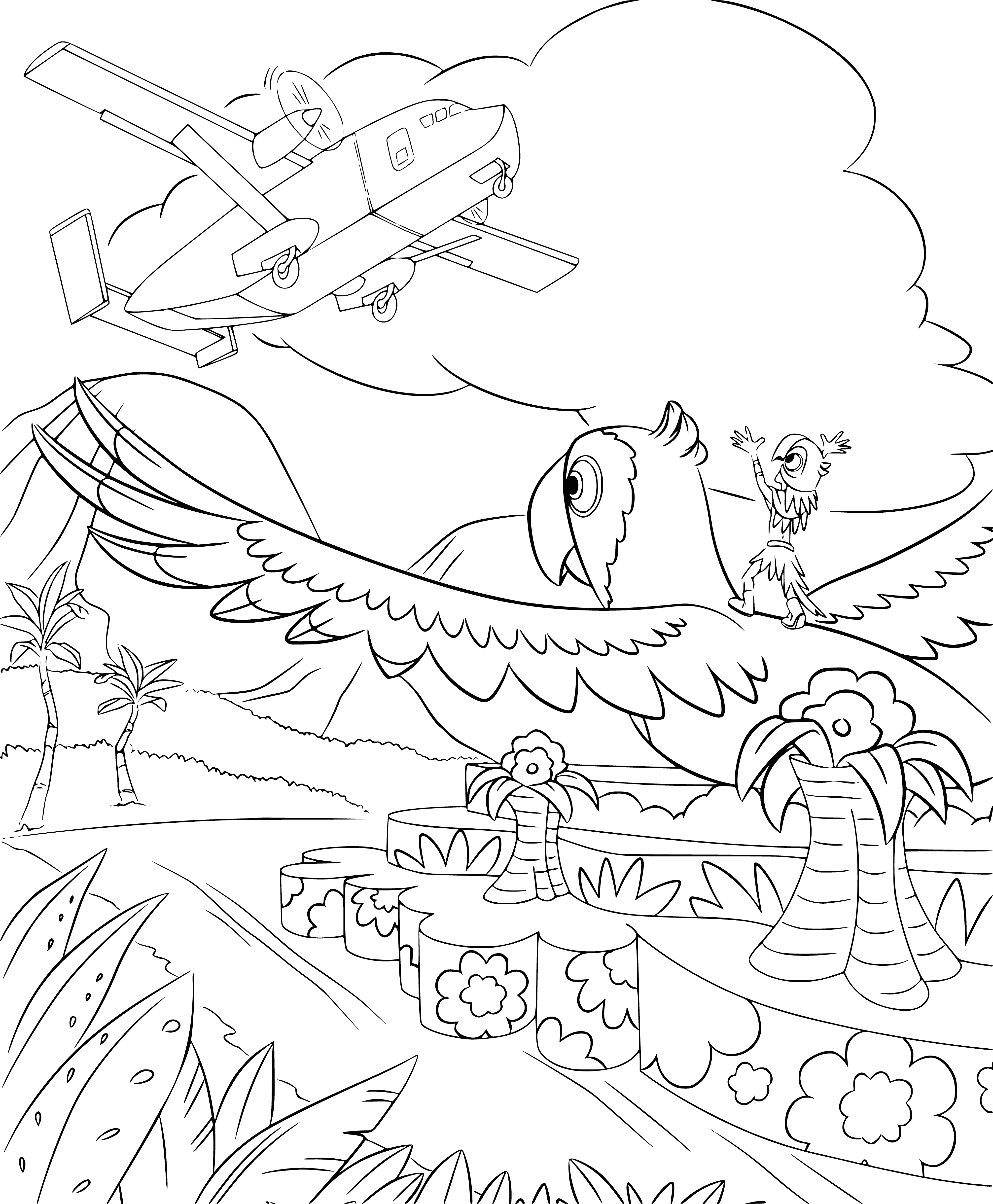 coloring page: People running from huge chicken, screaming in terror as it gets closer.