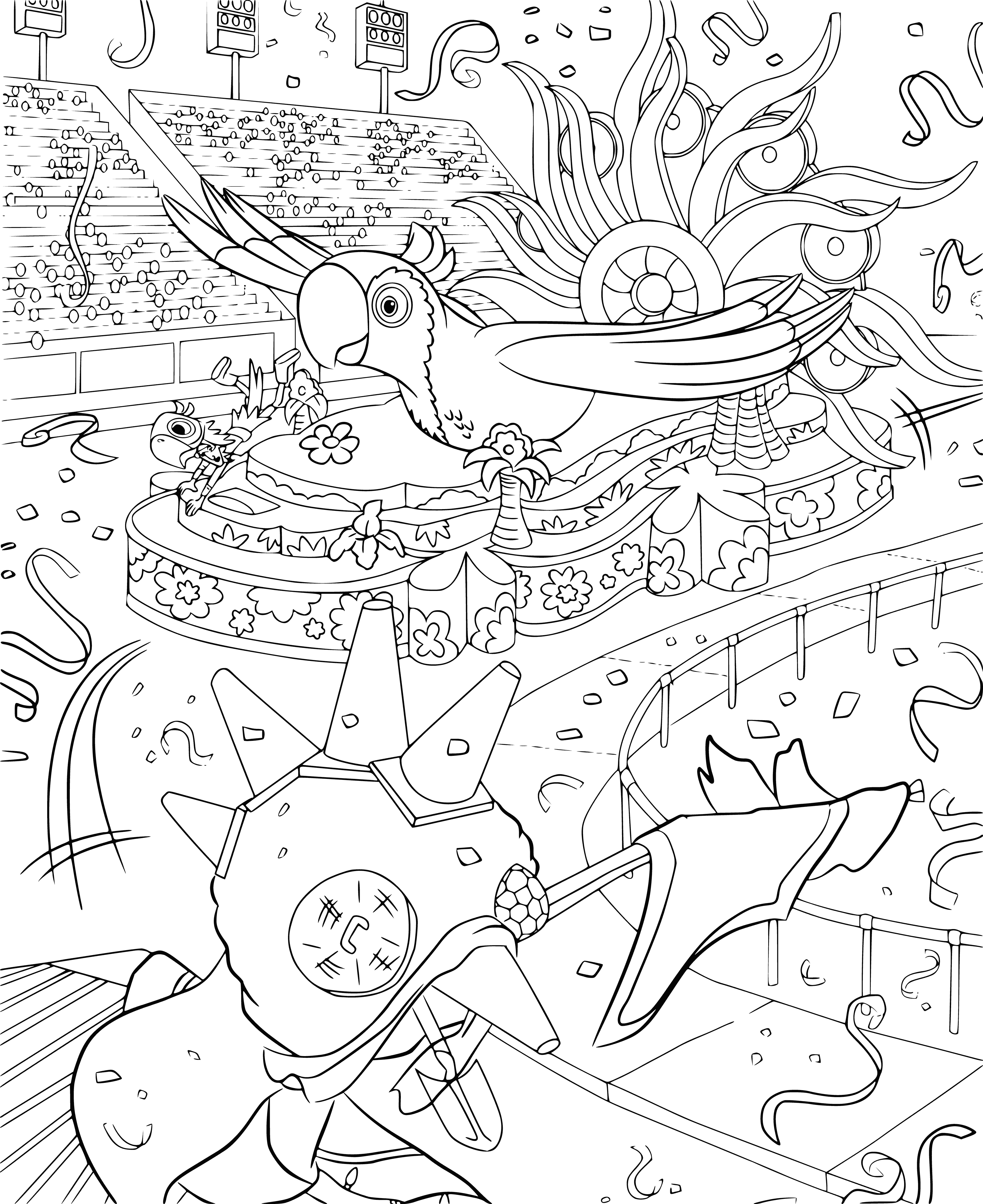 coloring page: Large, colorful buildings, fit many people & look of crowds on sidewalks & streets.