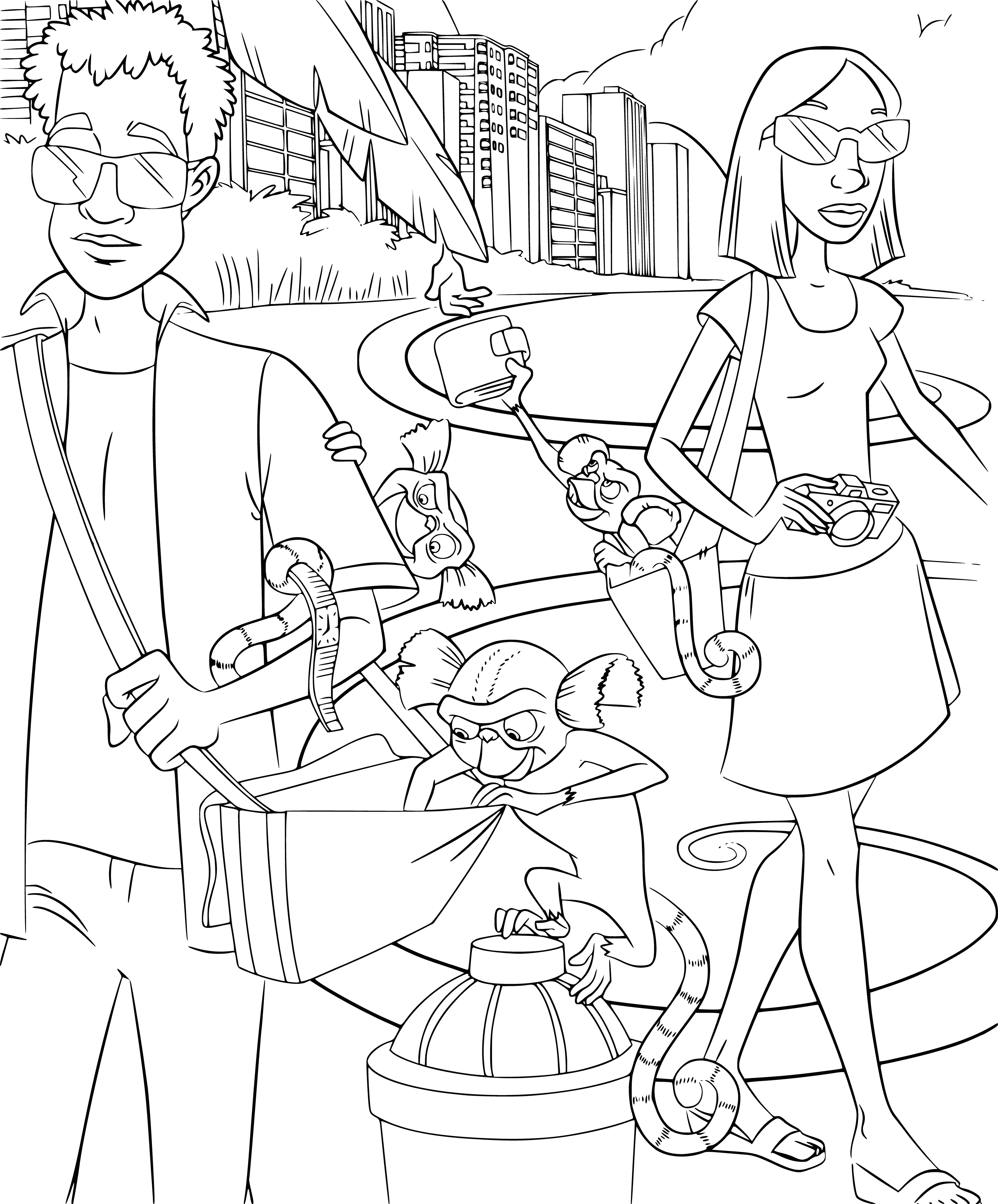 coloring page: Thieves happily share a large stack of cash around a table. Smiles of satisfaction all around.
