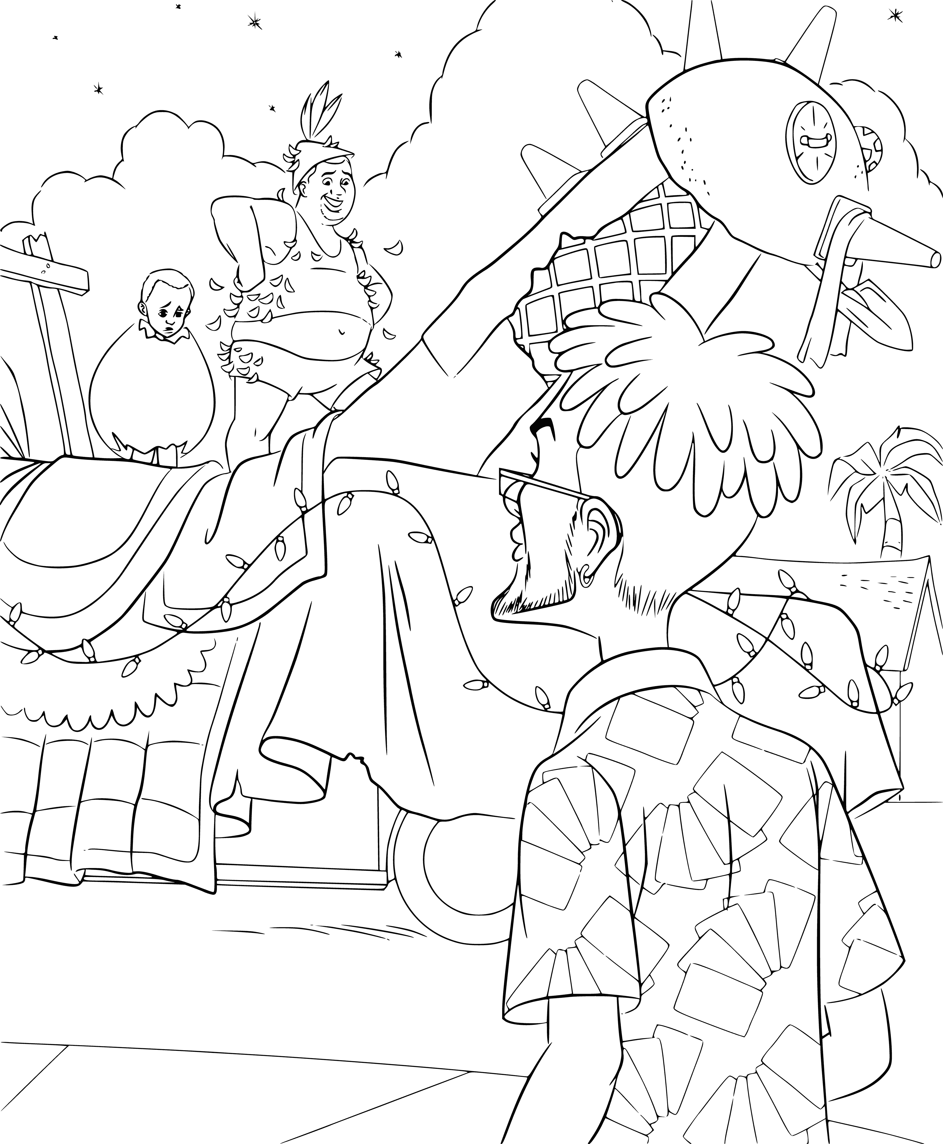 coloring page: A bridge crosses a body of water with trees, plants & buildings in the background. Mountains complete the scene.