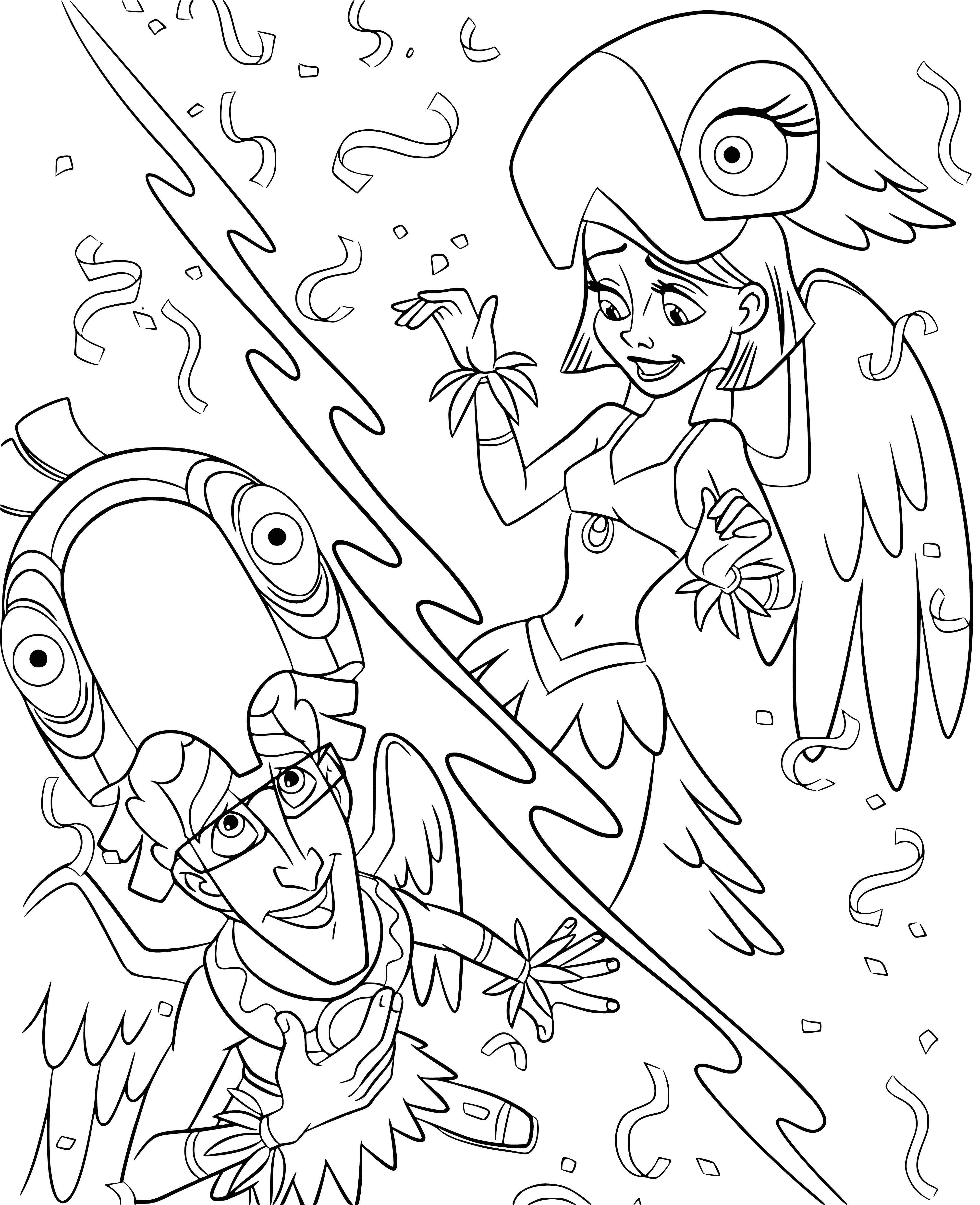 coloring page: People wearing colorful clothes, umbrellas and dancing merrily in a coloring page-perfect scene.