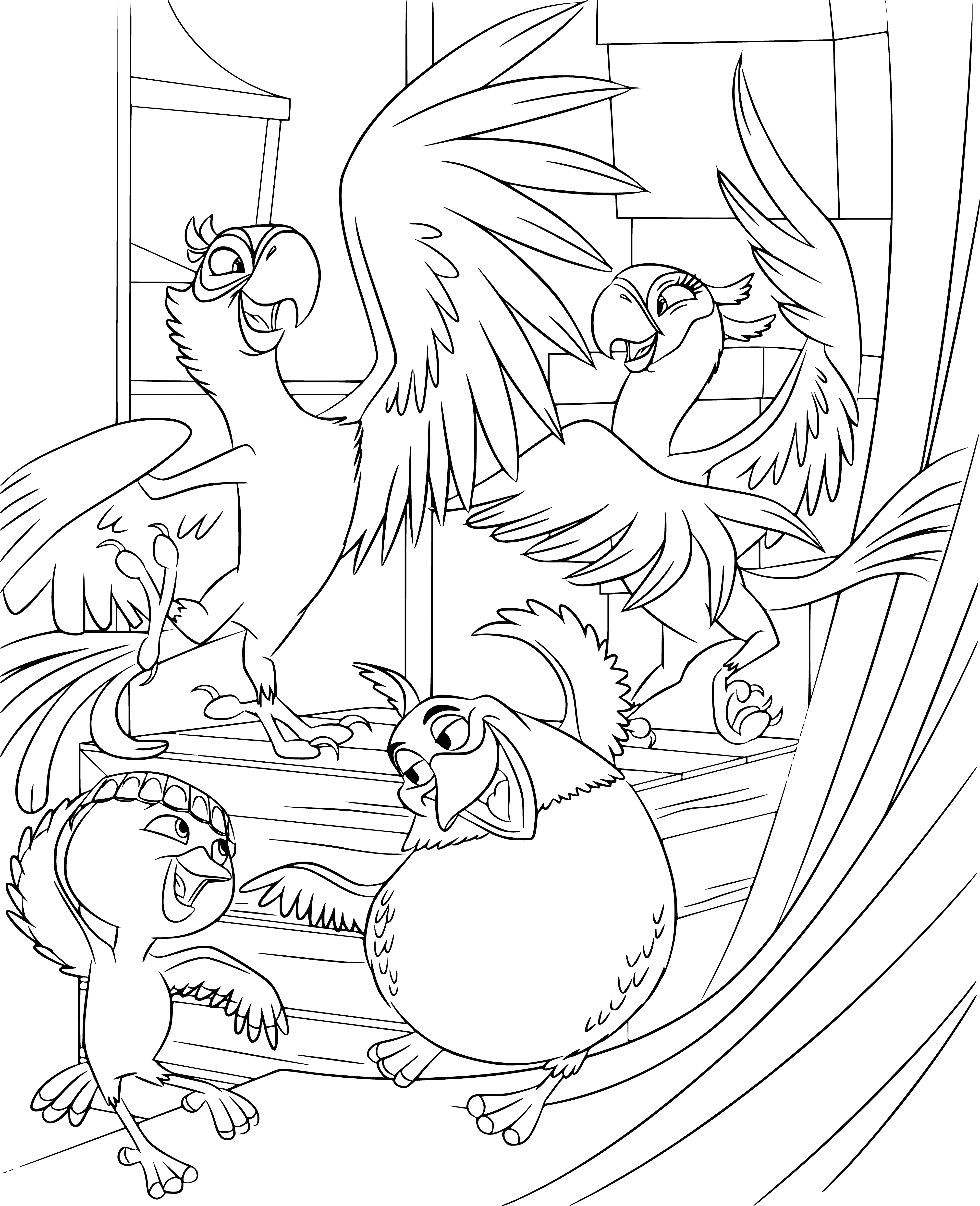coloring page: Woman plays guitar on stairs in dress, backpack nearby.