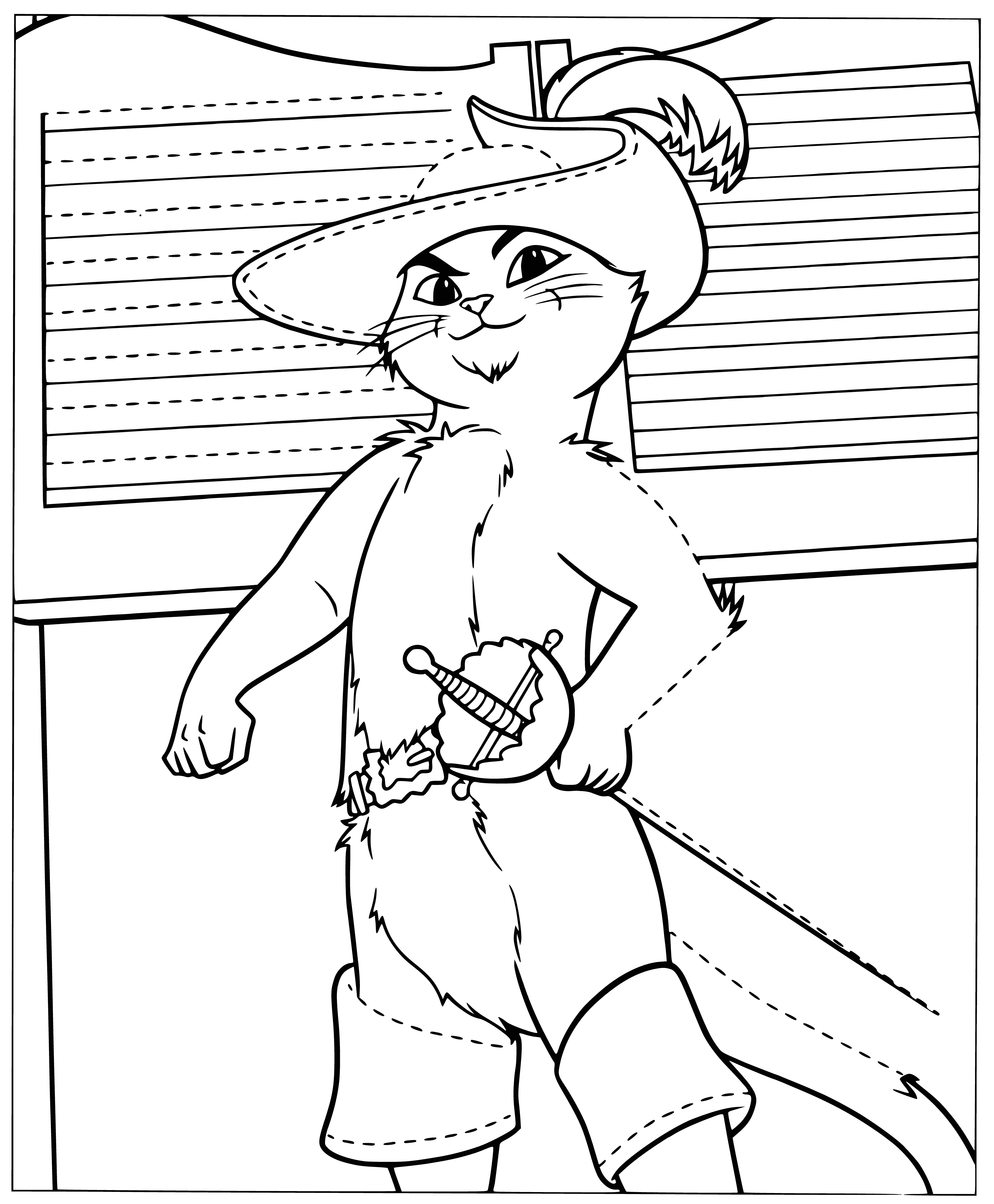 coloring page: Puss in Boots: fierce feline in red hat, coat and sword, ready to fight!