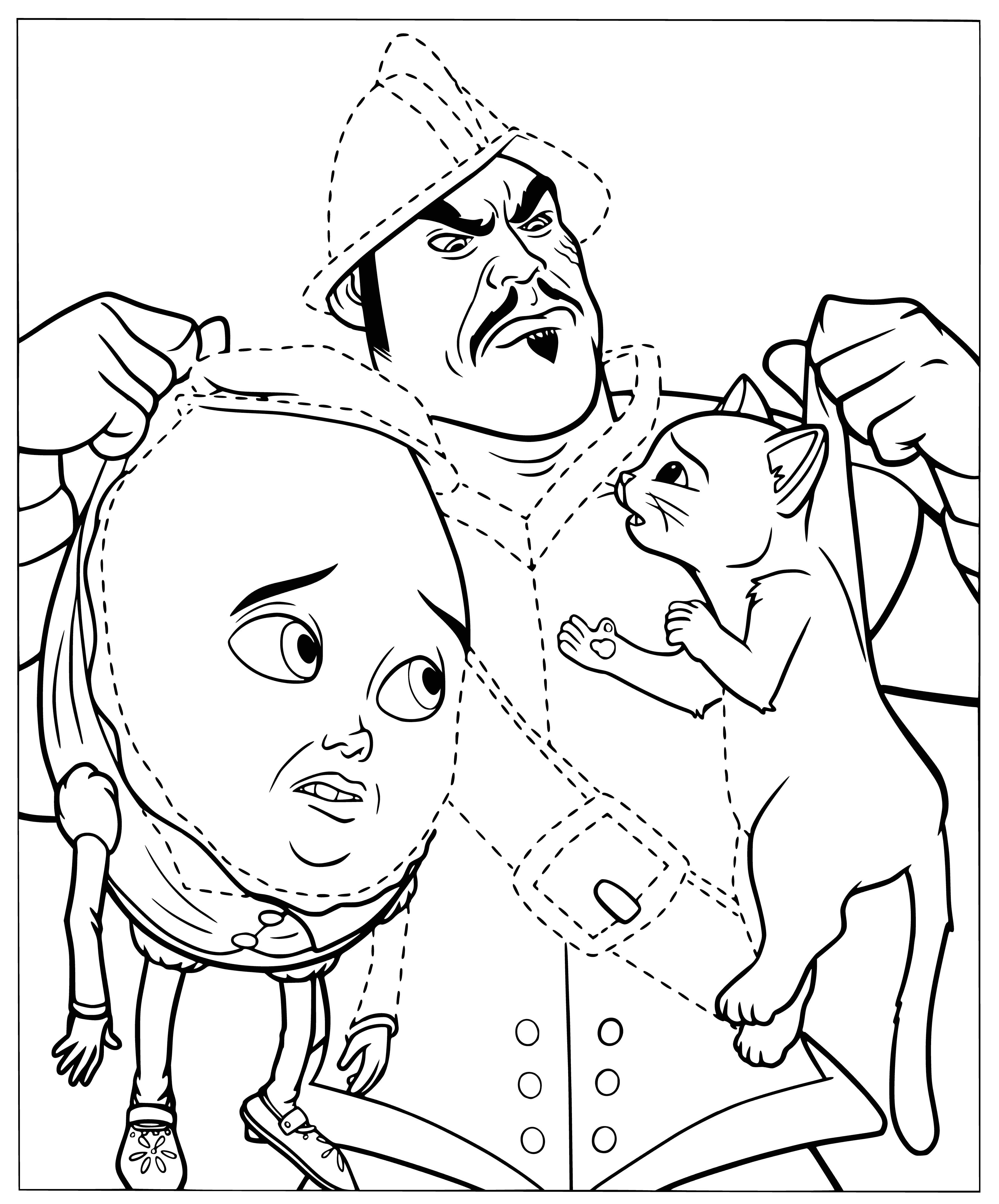 coloring page: Man in uniform holds a rope on a smiling cat with a sword strapped to its back.