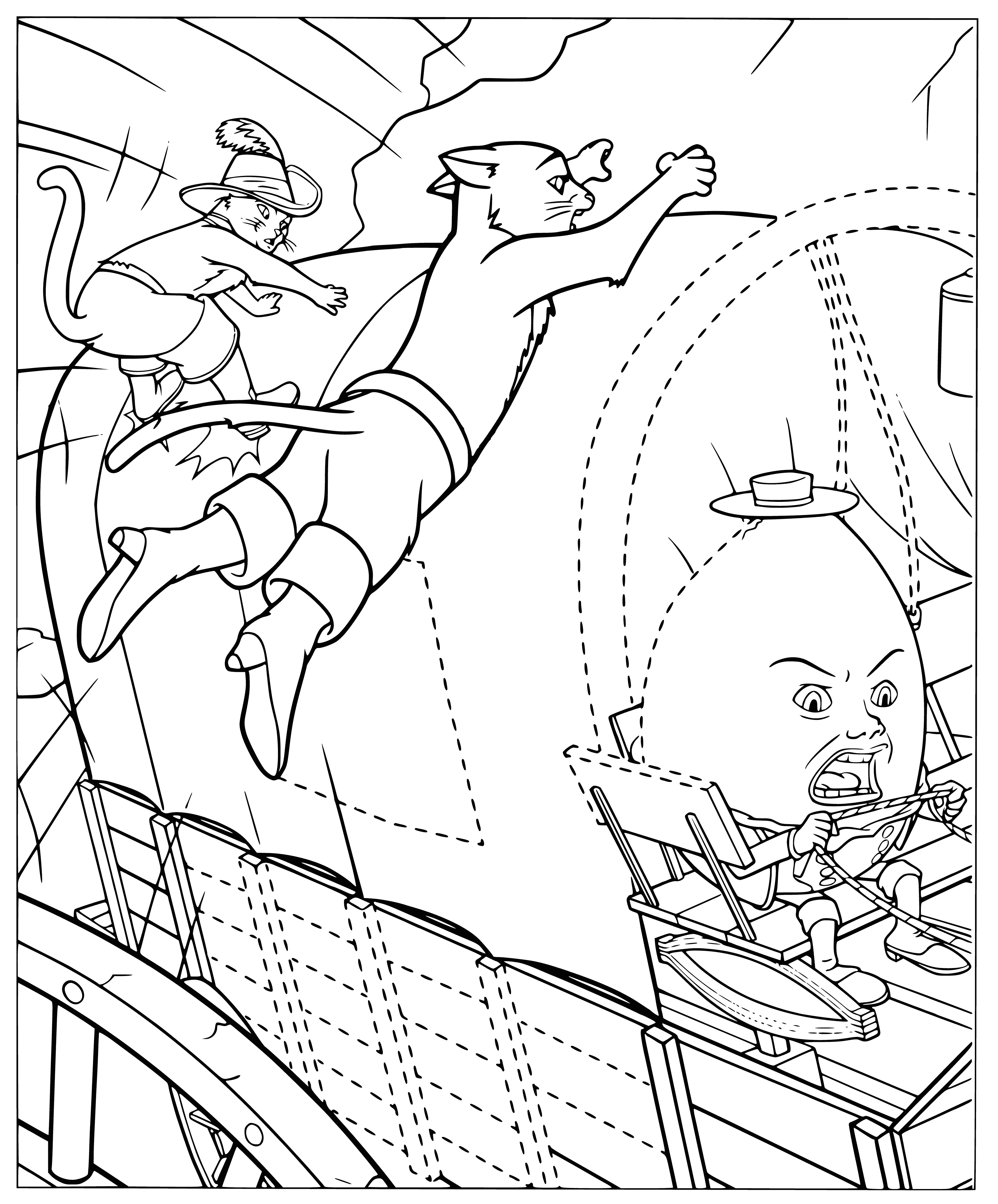 coloring page: Black cat leaping through air, body stretched out. Front paws extended, rear tucked in, tail streaming behind. Ears flat, eyes narrowed in concentration.