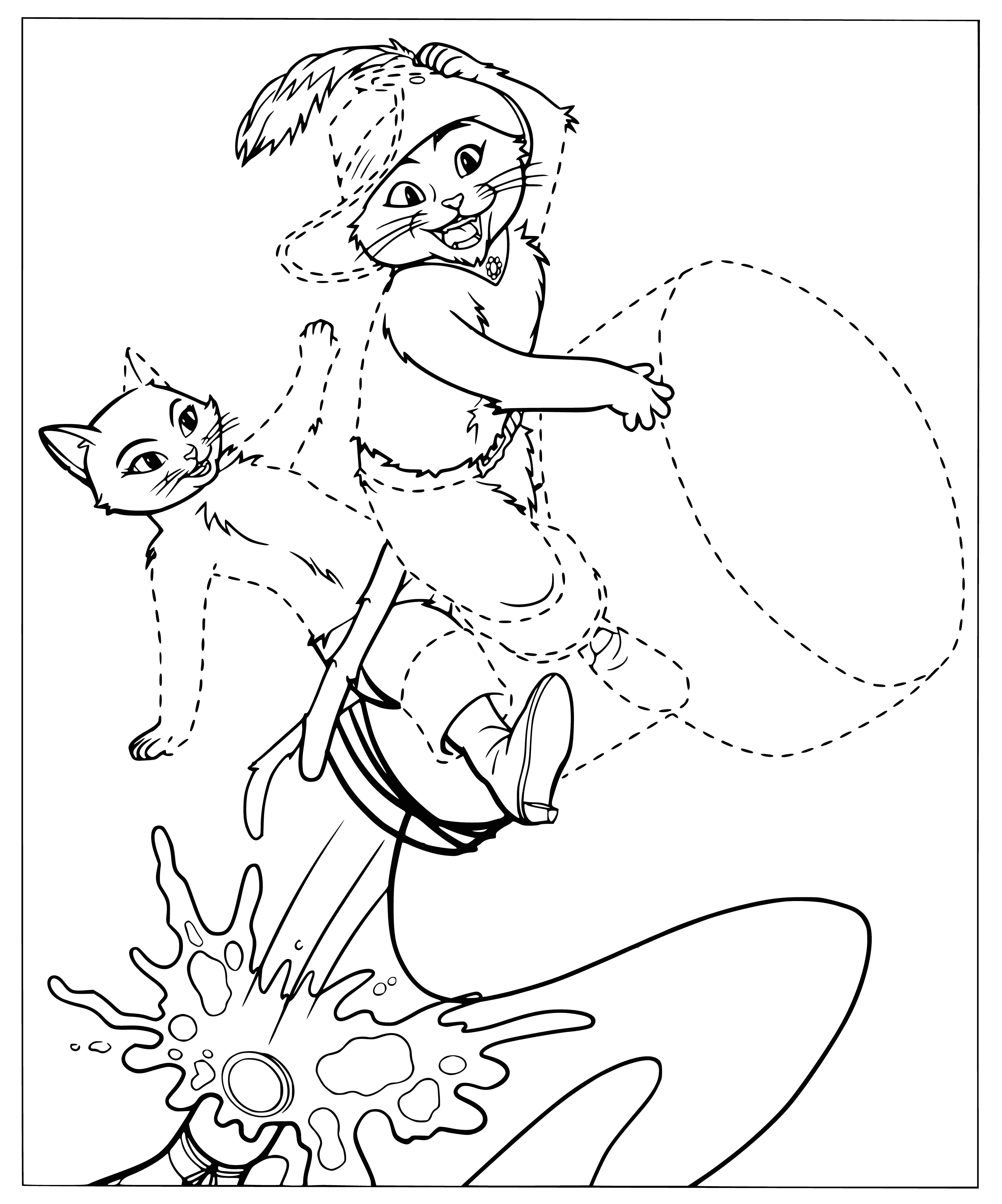 coloring page: Puss in Boots is riding a cork, wearing a blue hat, blue coat, and white boots. #storytelling