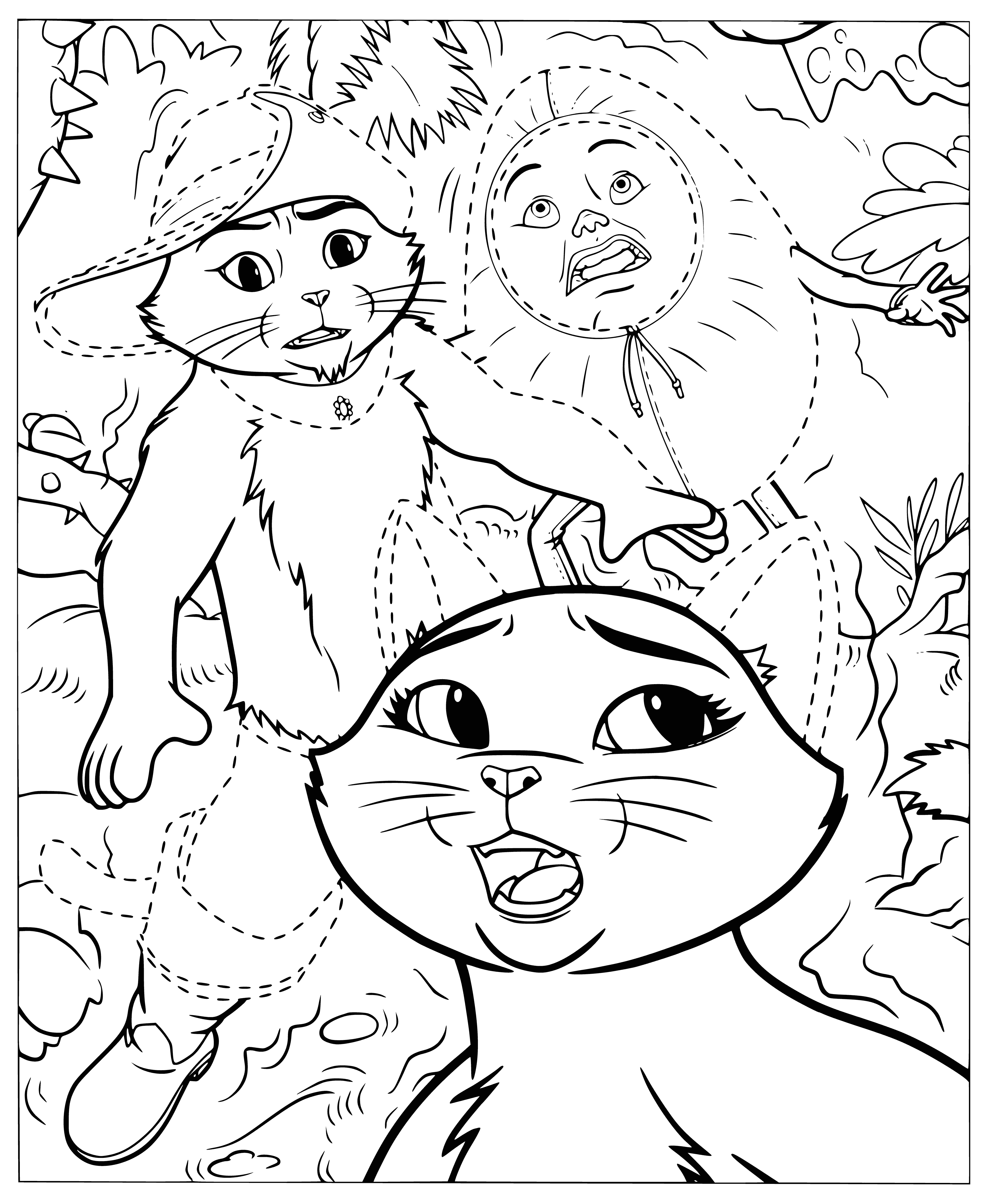 coloring page: Floating orange cat with blue hat & yellow sword smiling in the sky, having a great time!