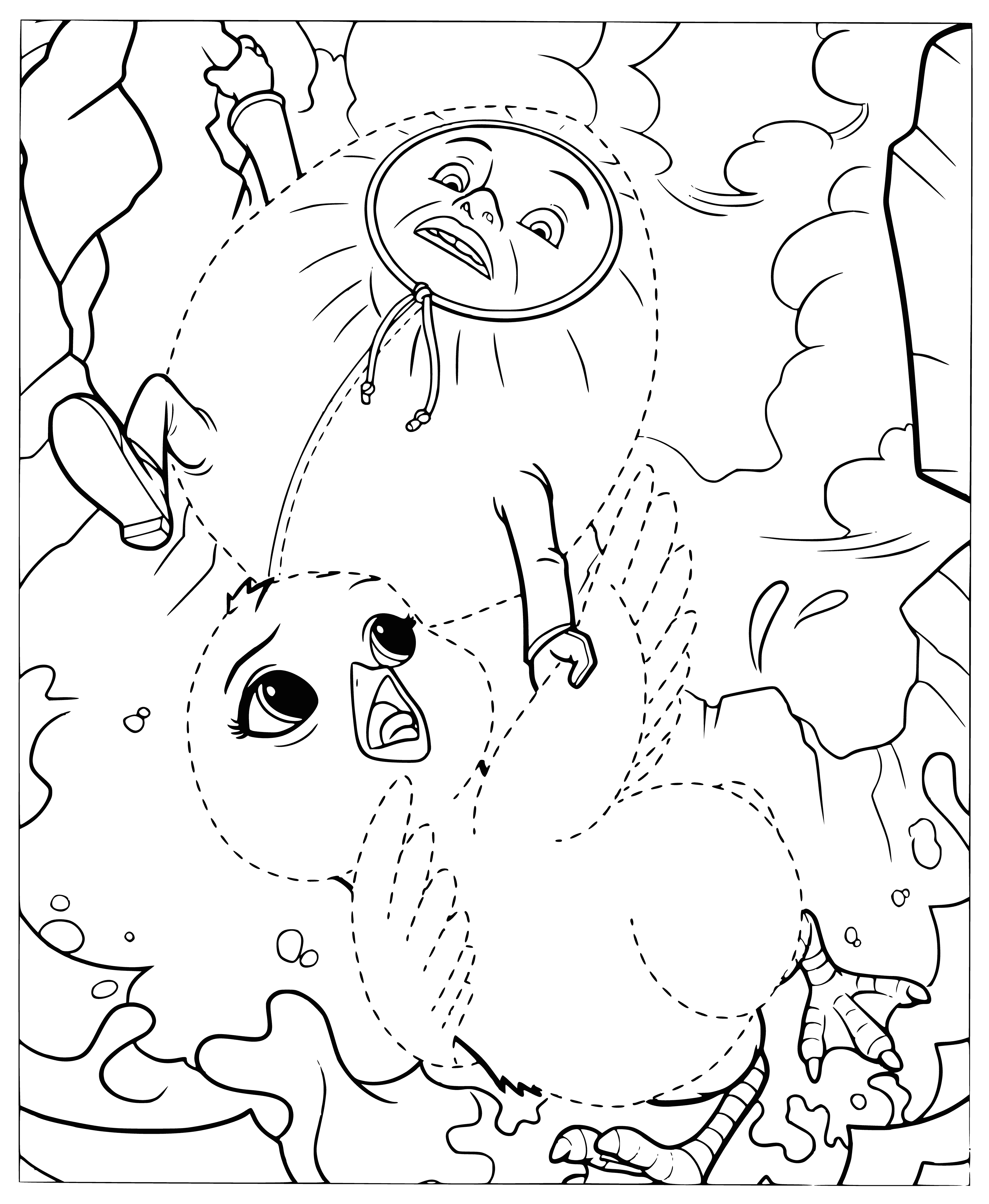 coloring page: Goose & cat in front of tree look off-page, Goose white/blue eyes, Cat brown/red scarf.