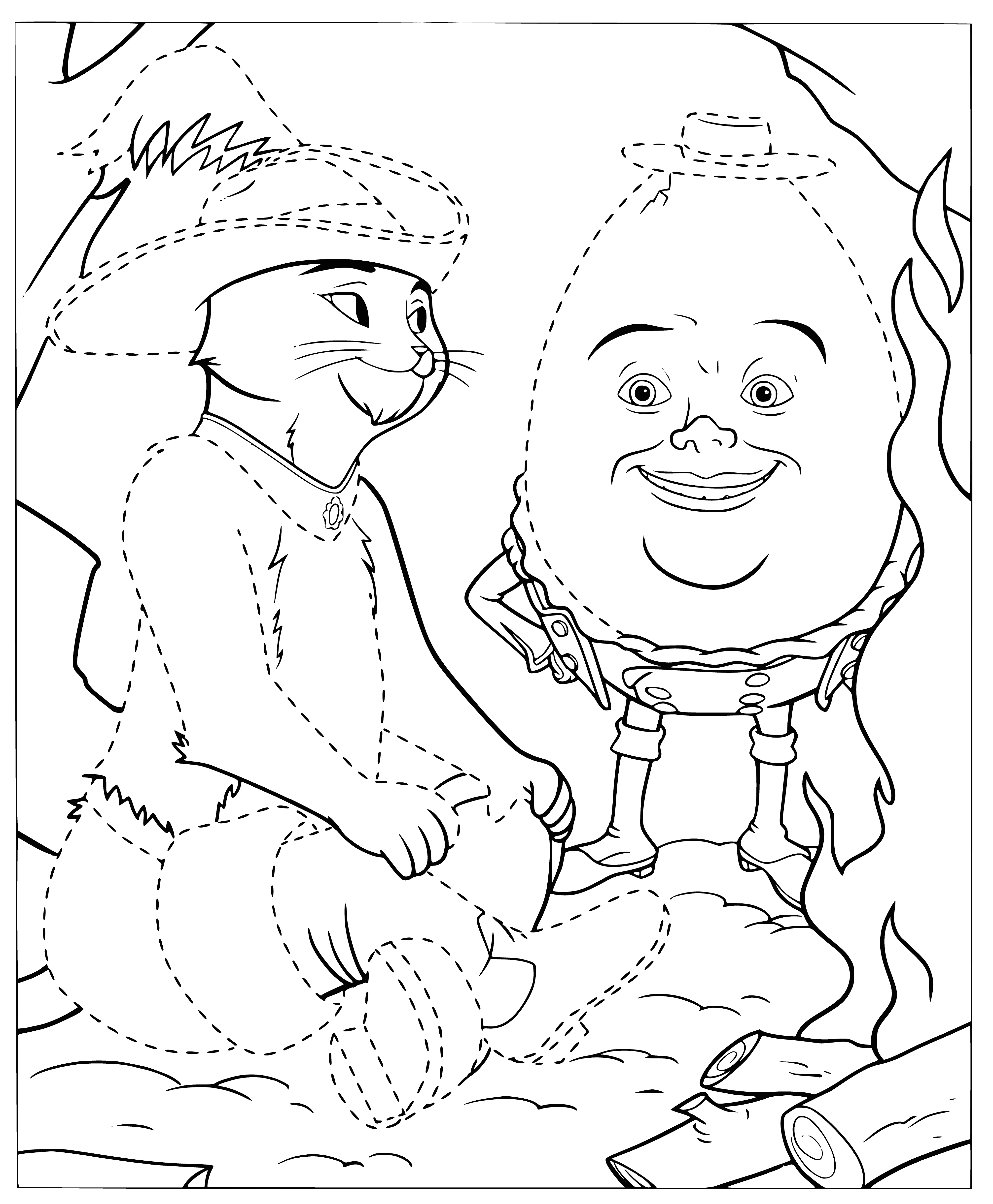 coloring page: Woman and cat look at each other, the cat wearing boots, the woman with a broom.