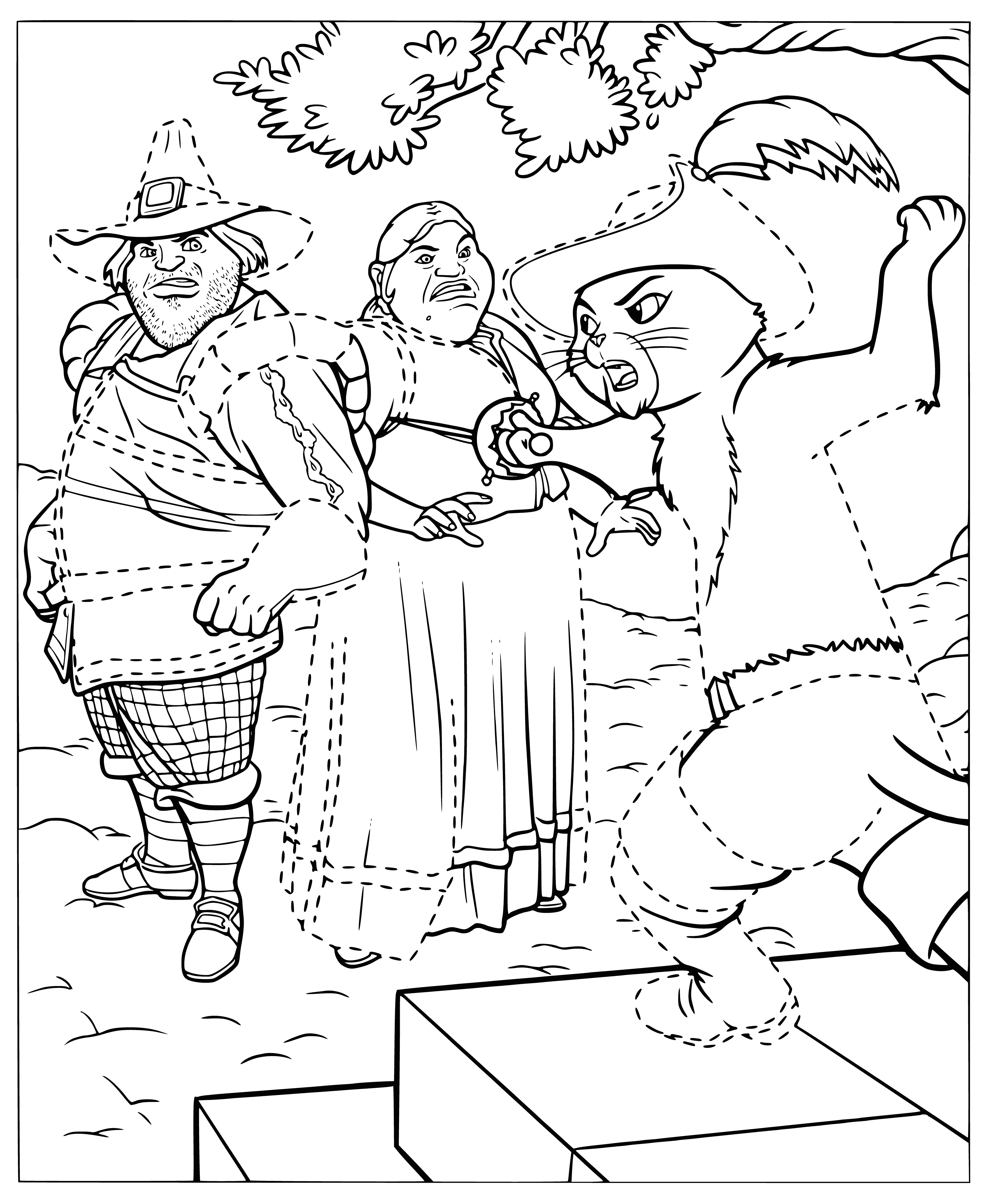 coloring page: Group of 5 screaming in the rain w/clothes of diff. colors, in frnt of a tree, and a house; covered by large dark cloud.