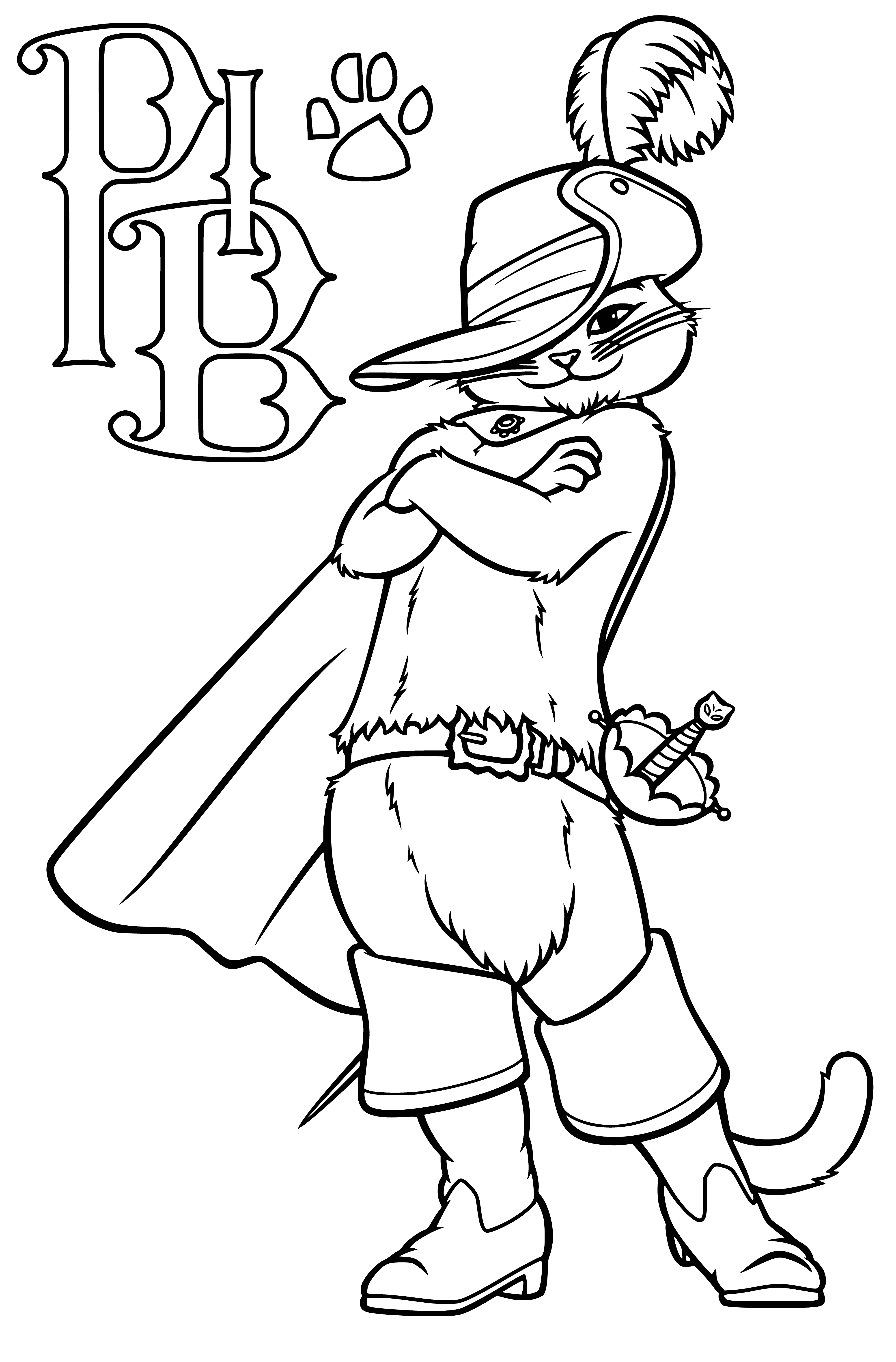 coloring page: A ginger cat wearing a pointy blue hat and tall brown boots perches atop a log, smug. A white rabbit and brown squirrel look on nearby.