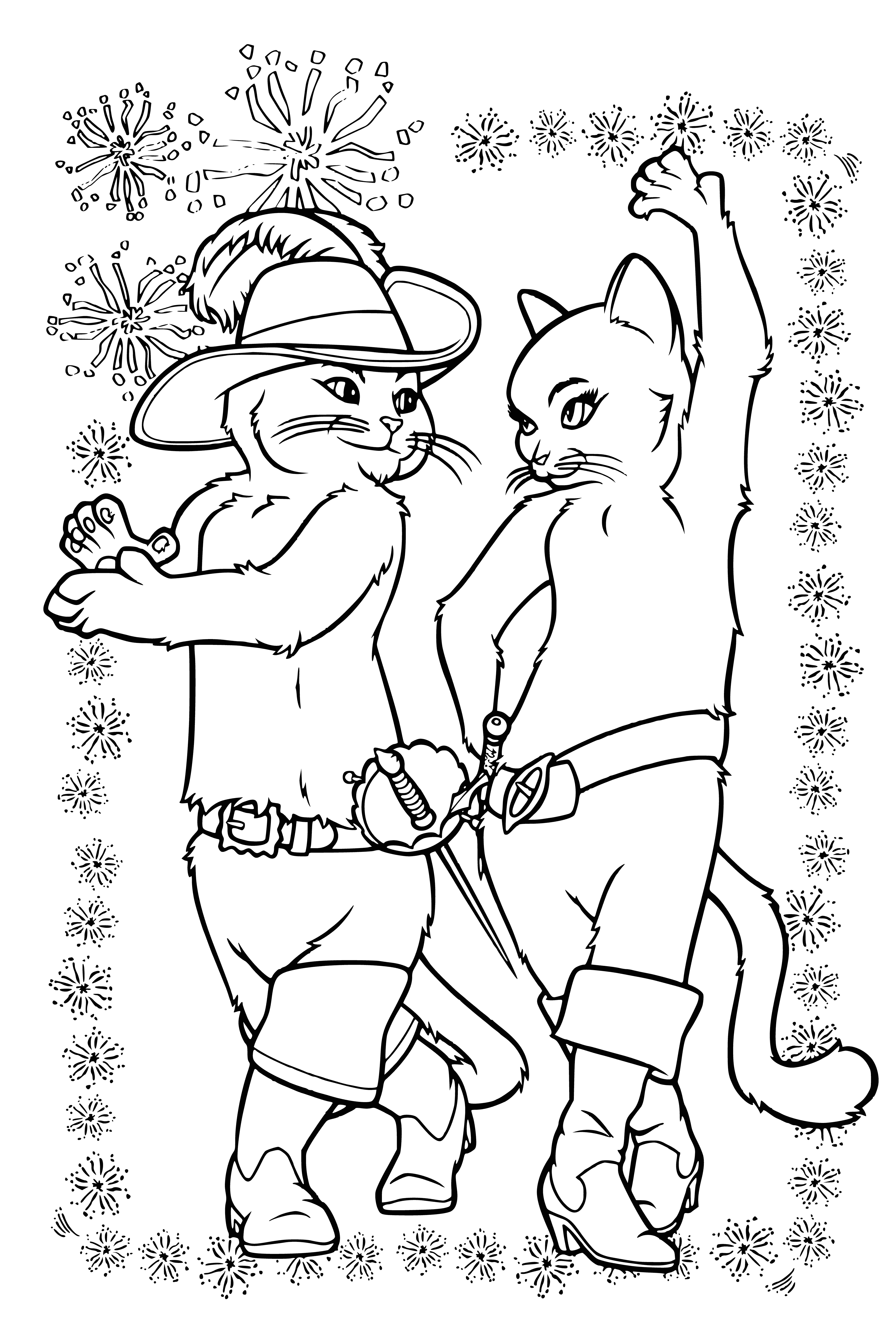 coloring page: Black cat with green eyes, pink nose, and red collar wearing a blue hat stands on hind legs, pawing at air.