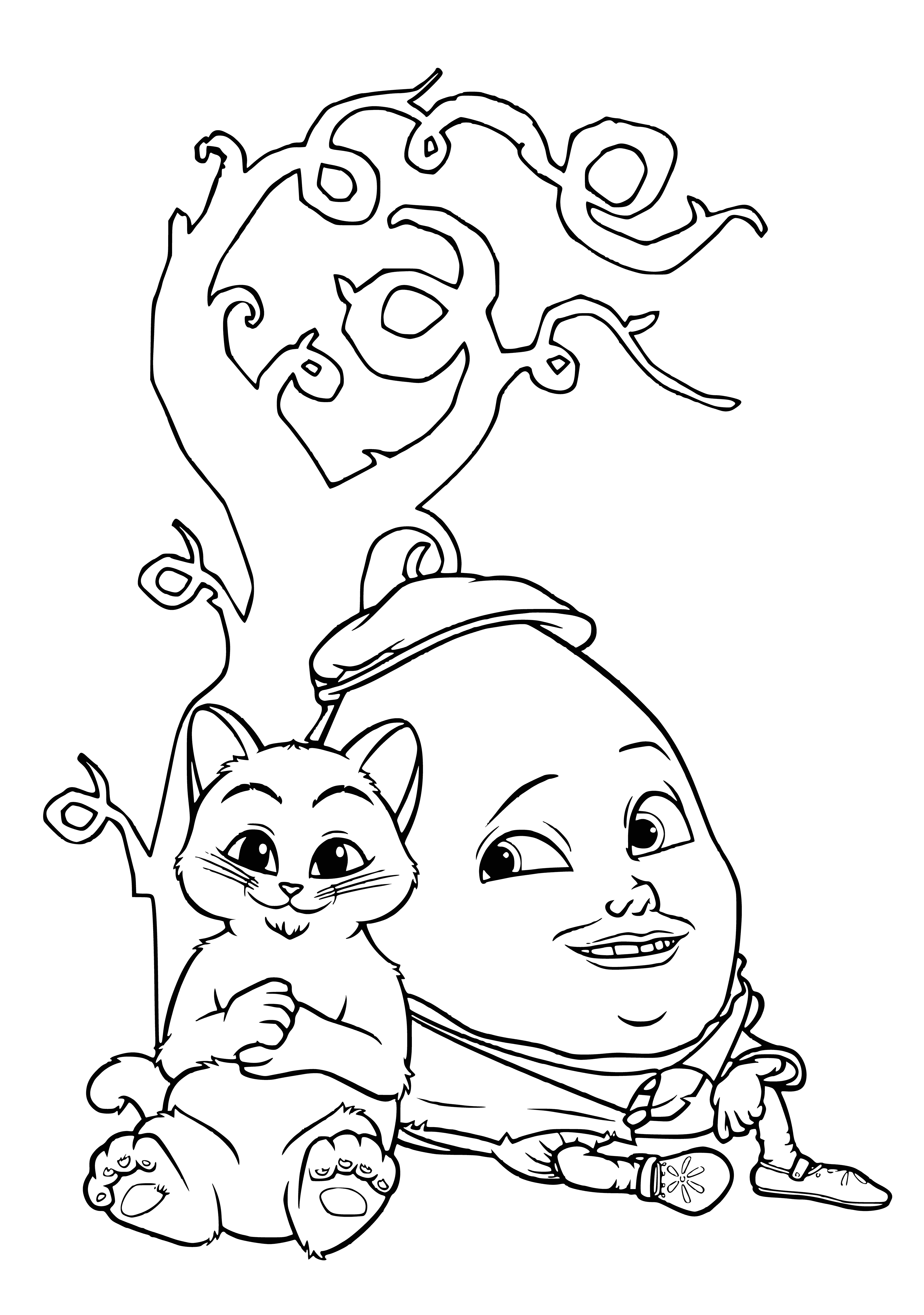 coloring page: Two boys smile, petting a white cat between them.