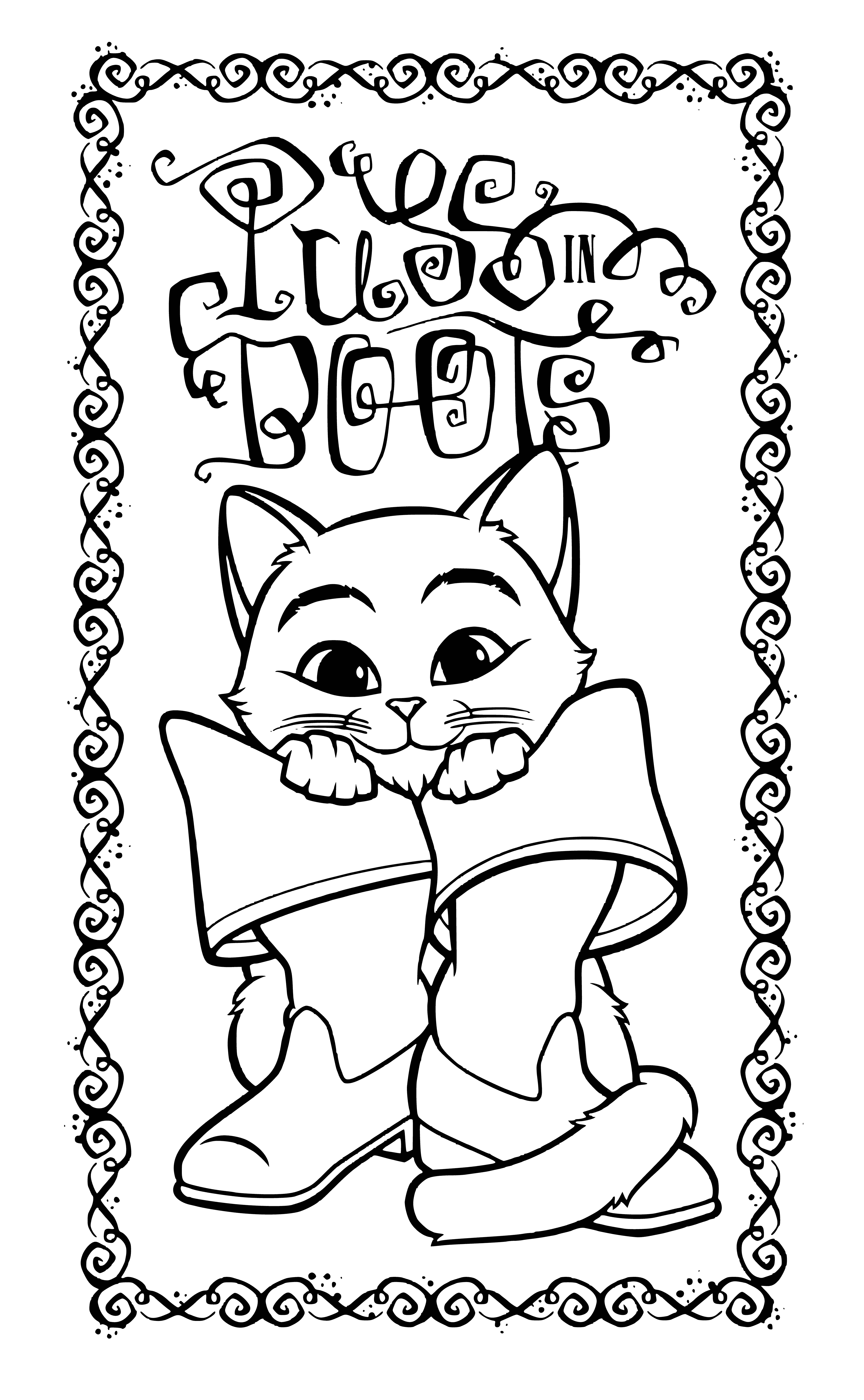 coloring page: A cartoon cat wearing a hat and boots stands on a path in a forest.
