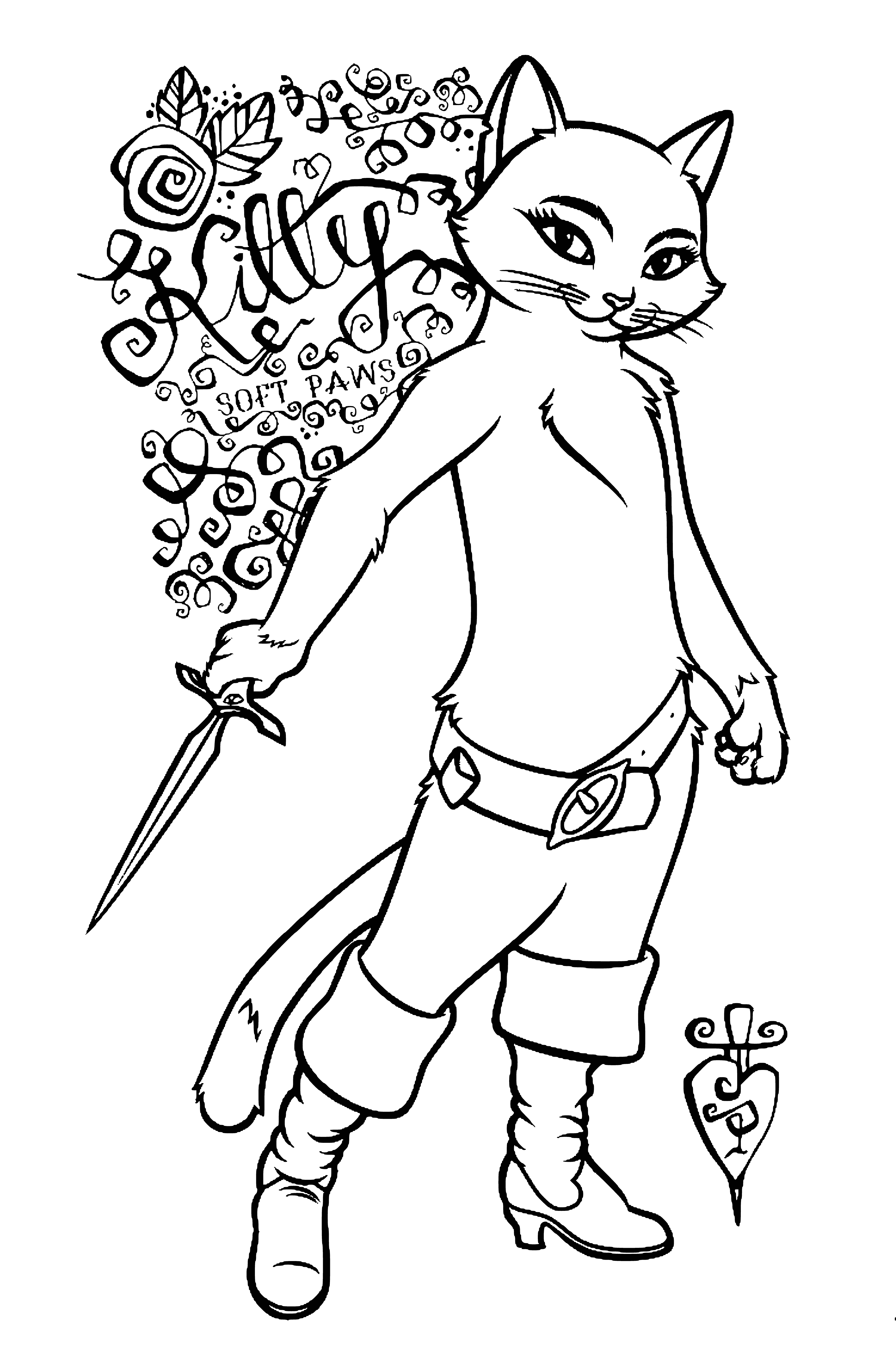 coloring page: Mischievous orange cat wearing boots and holding sword stands on hind legs in coloring page.