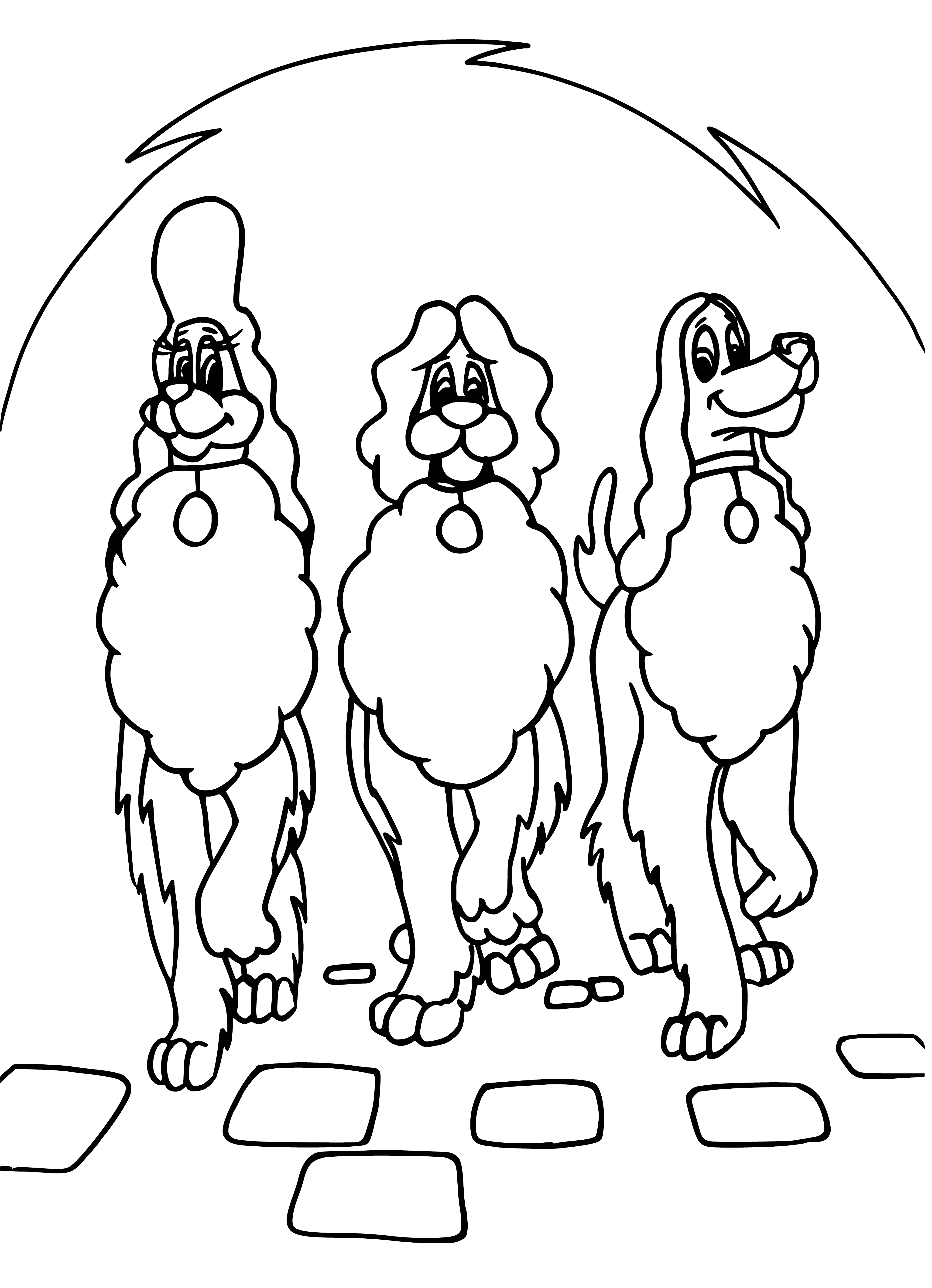 coloring page: Dog in blue shirt & brown boots stands on street corner w/brown baguette in mouth. Sign reads "Three Musketeers." #cuteanimals