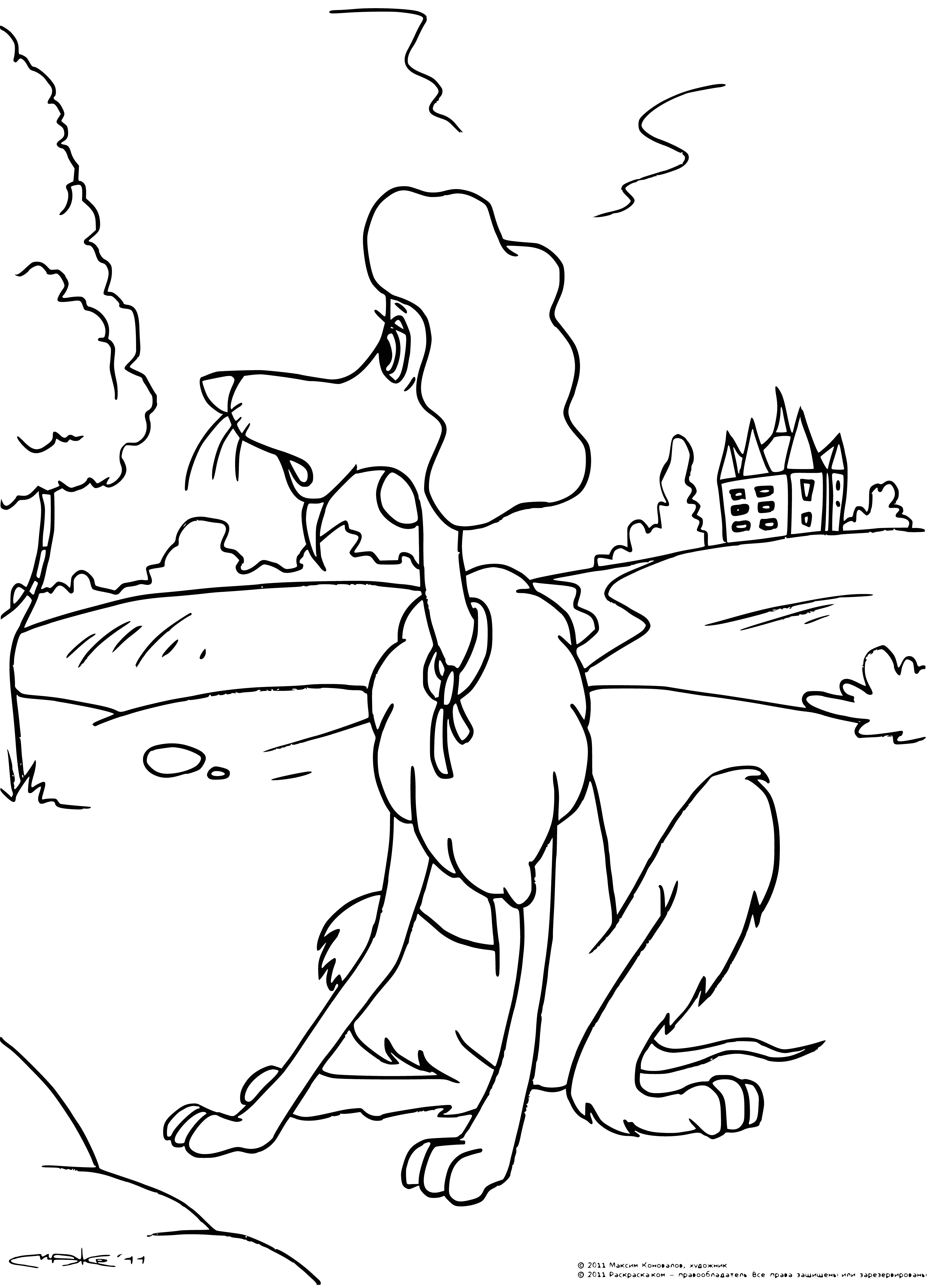 coloring page: Big dog in tall boots, white and brown fur, ears perked, mouth open, eyes alert.