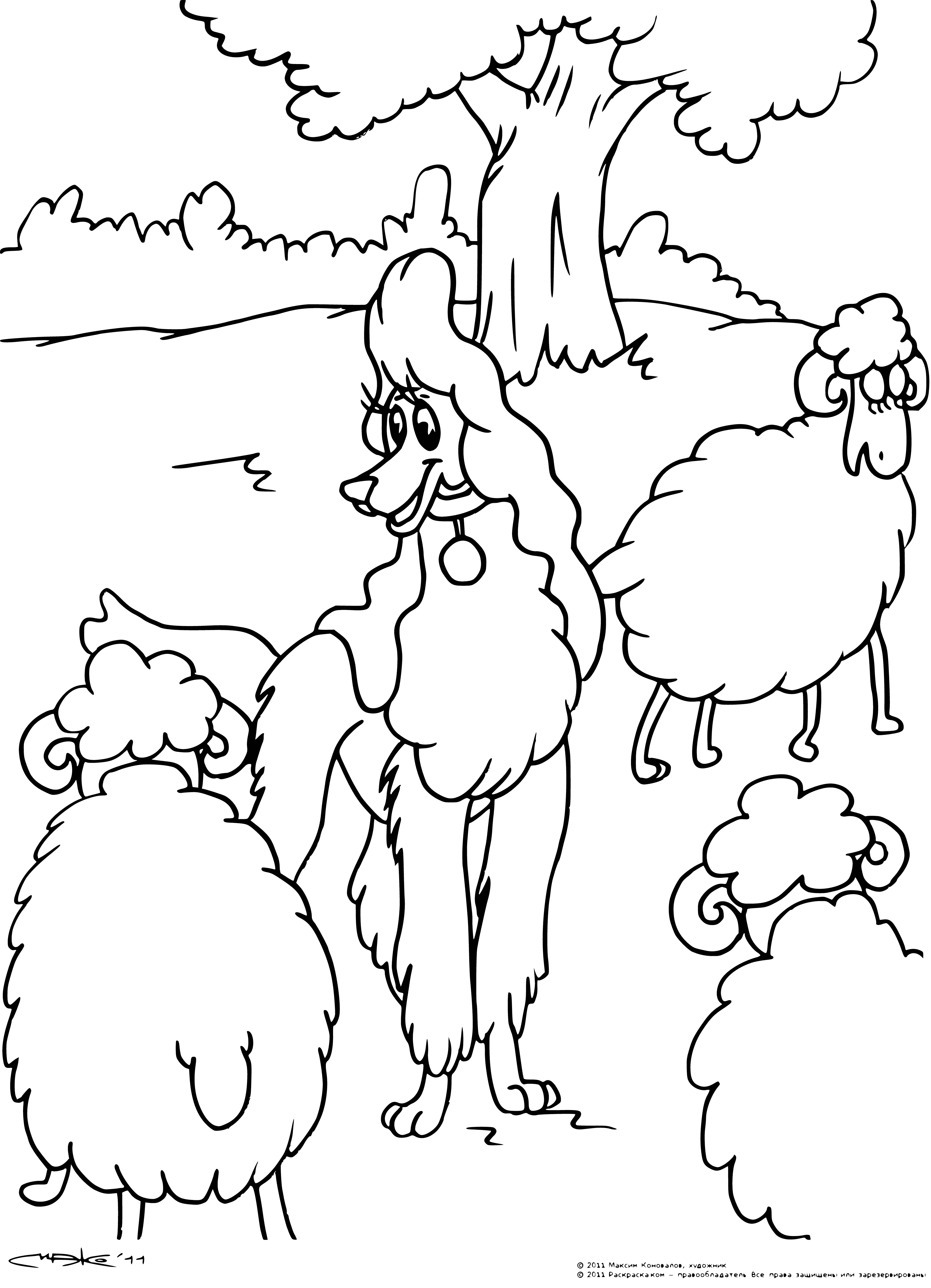 coloring page: Dog in boots stands sadly in sheep-filled field, watching the flock.